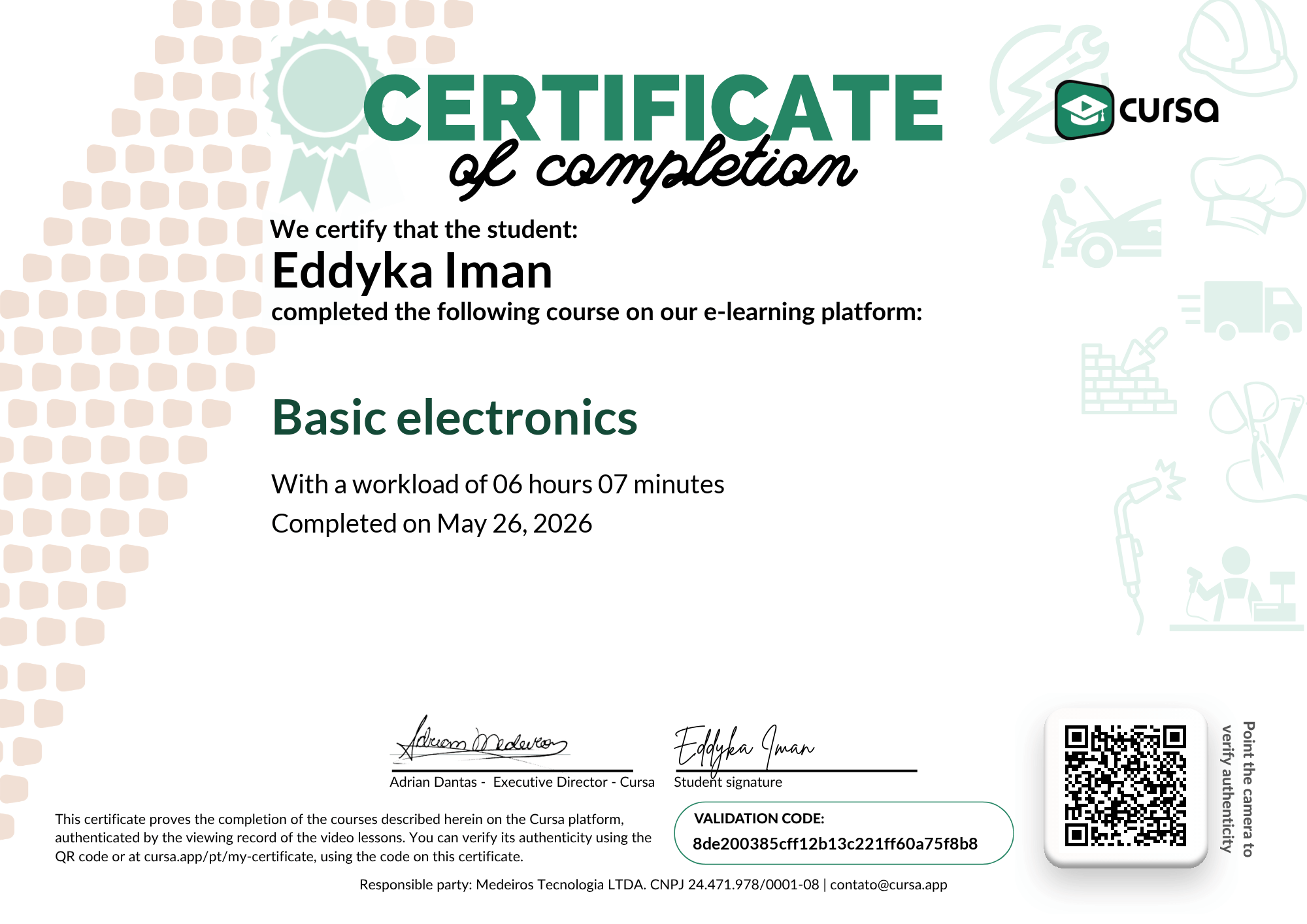 Image of my free Course Completion Certificate.