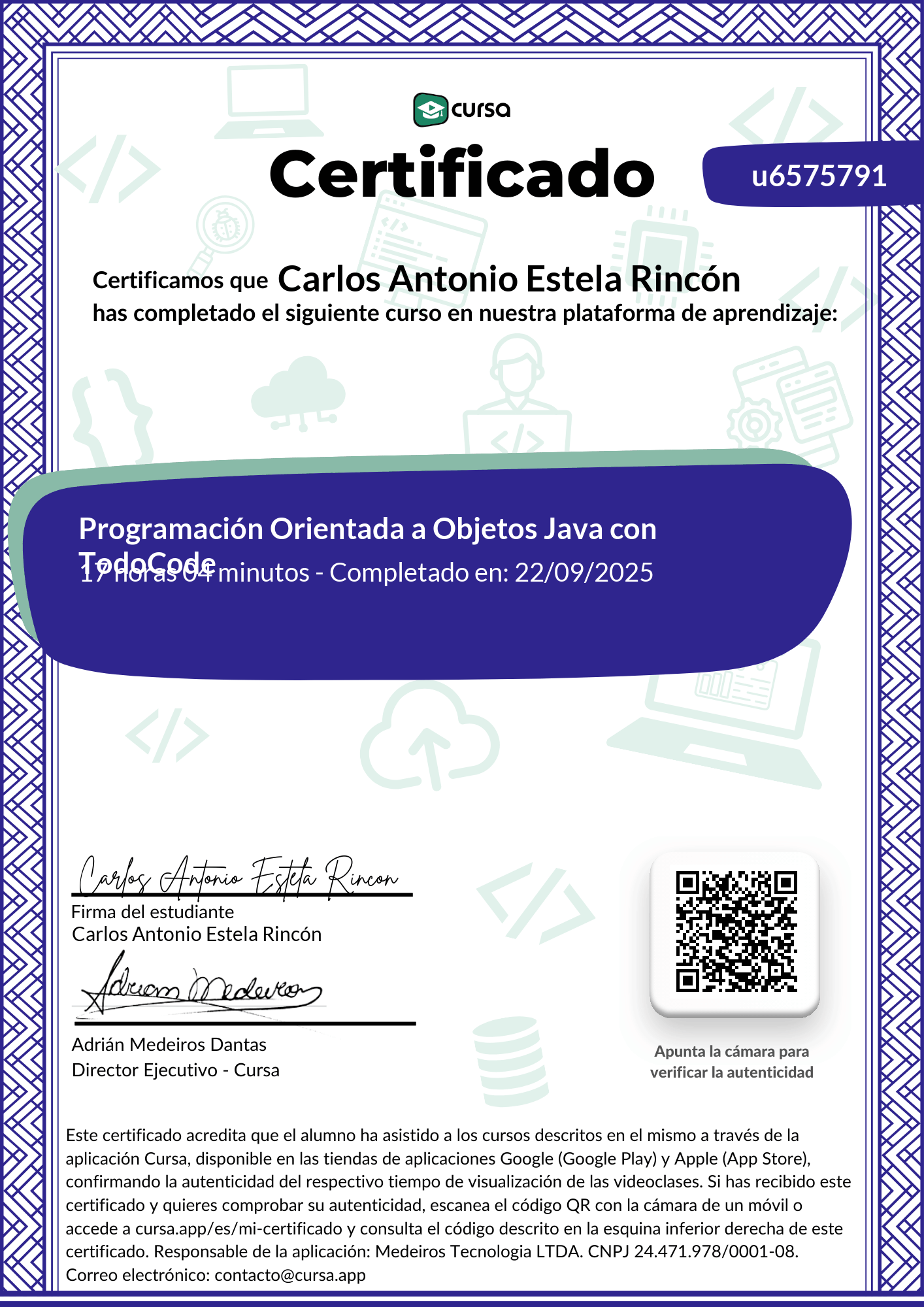 Imagen de mi Certificado de finalización del curso gratuito.