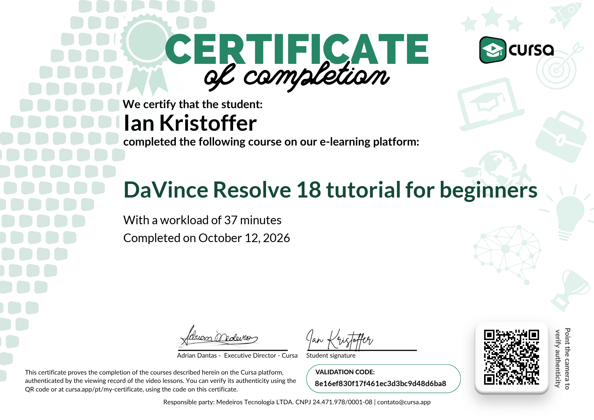 Image of my free Course Completion Certificate.