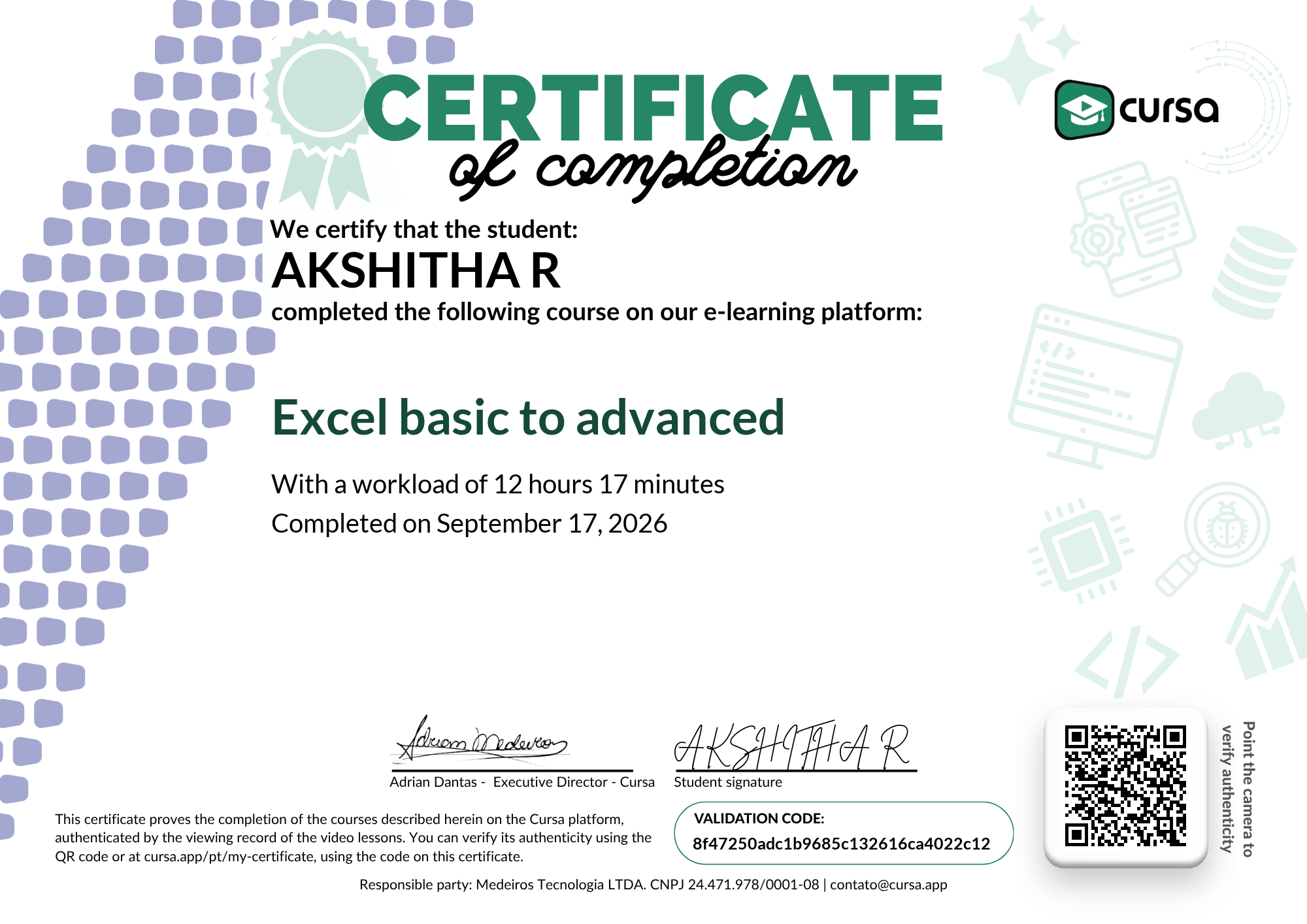 Image of my free Course Completion Certificate.