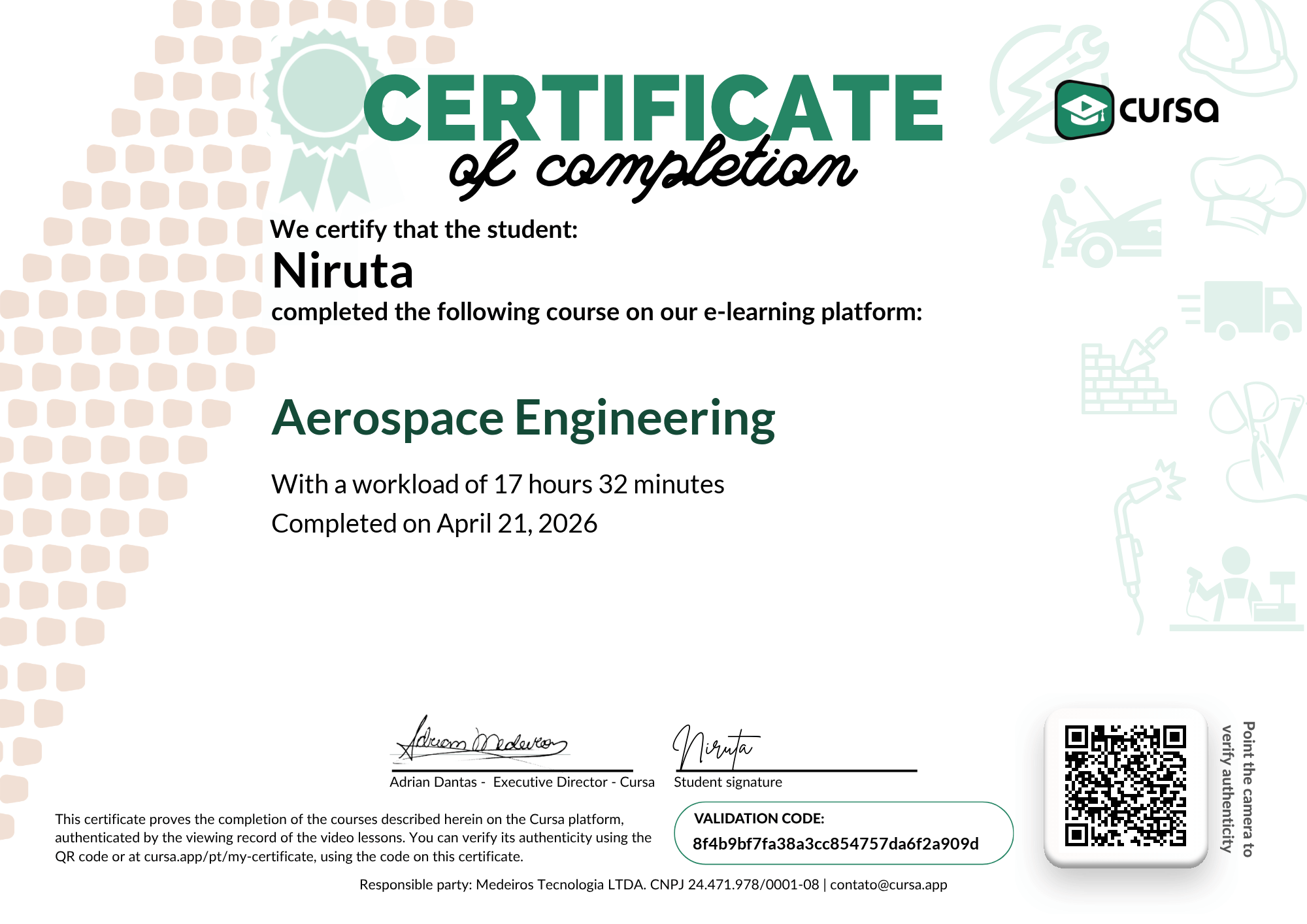 Image of my free Course Completion Certificate.