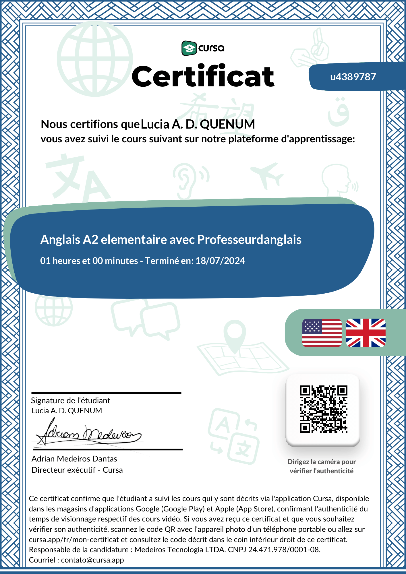 Image de mon certificat de fin de cours gratuit.