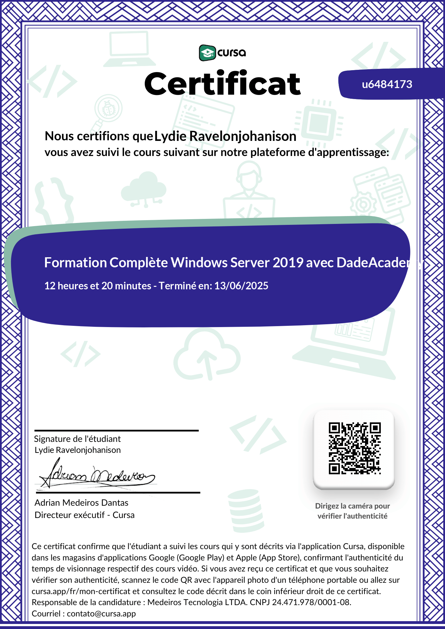 Image de mon certificat de fin de cours gratuit.