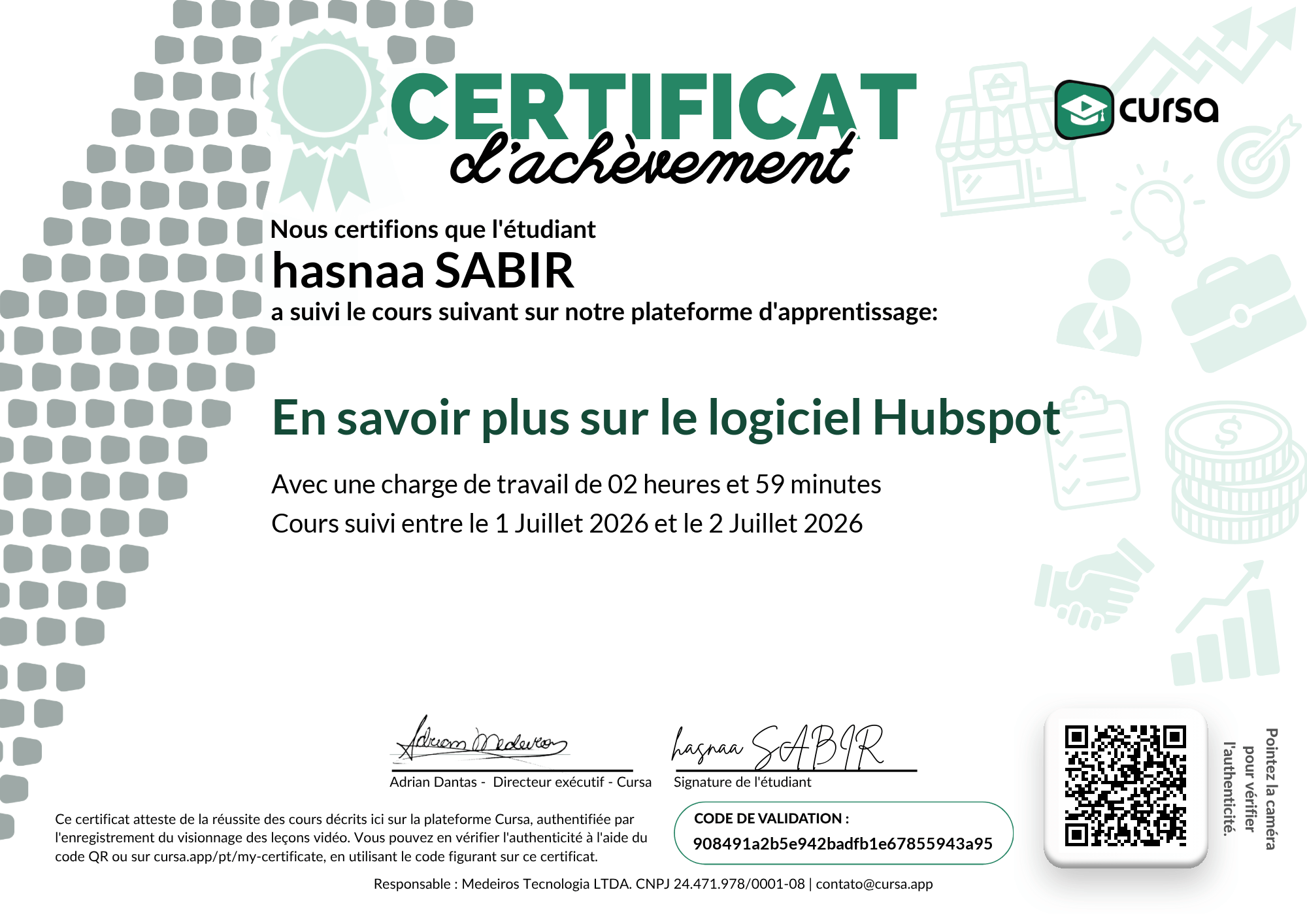 Image de mon certificat de fin de cours gratuit.