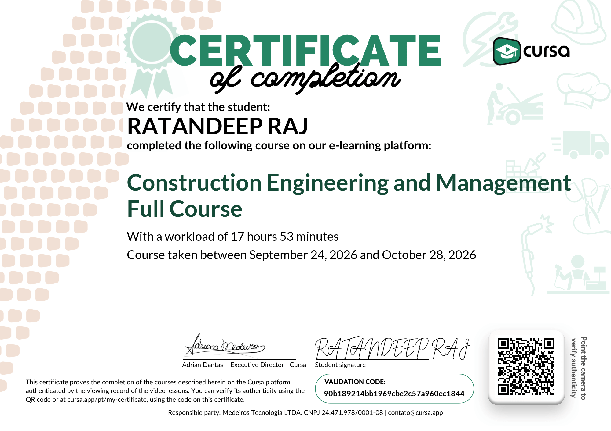 Image of my free Course Completion Certificate.