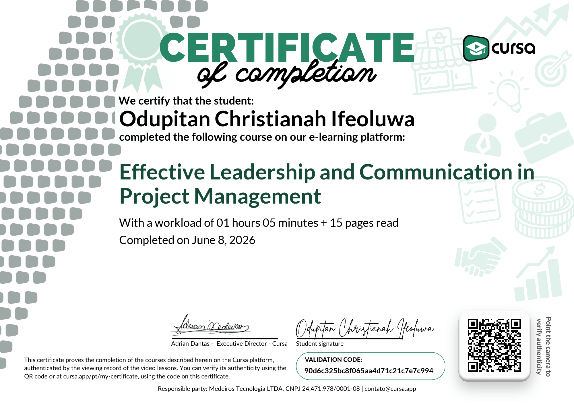 Image of my free Course Completion Certificate.