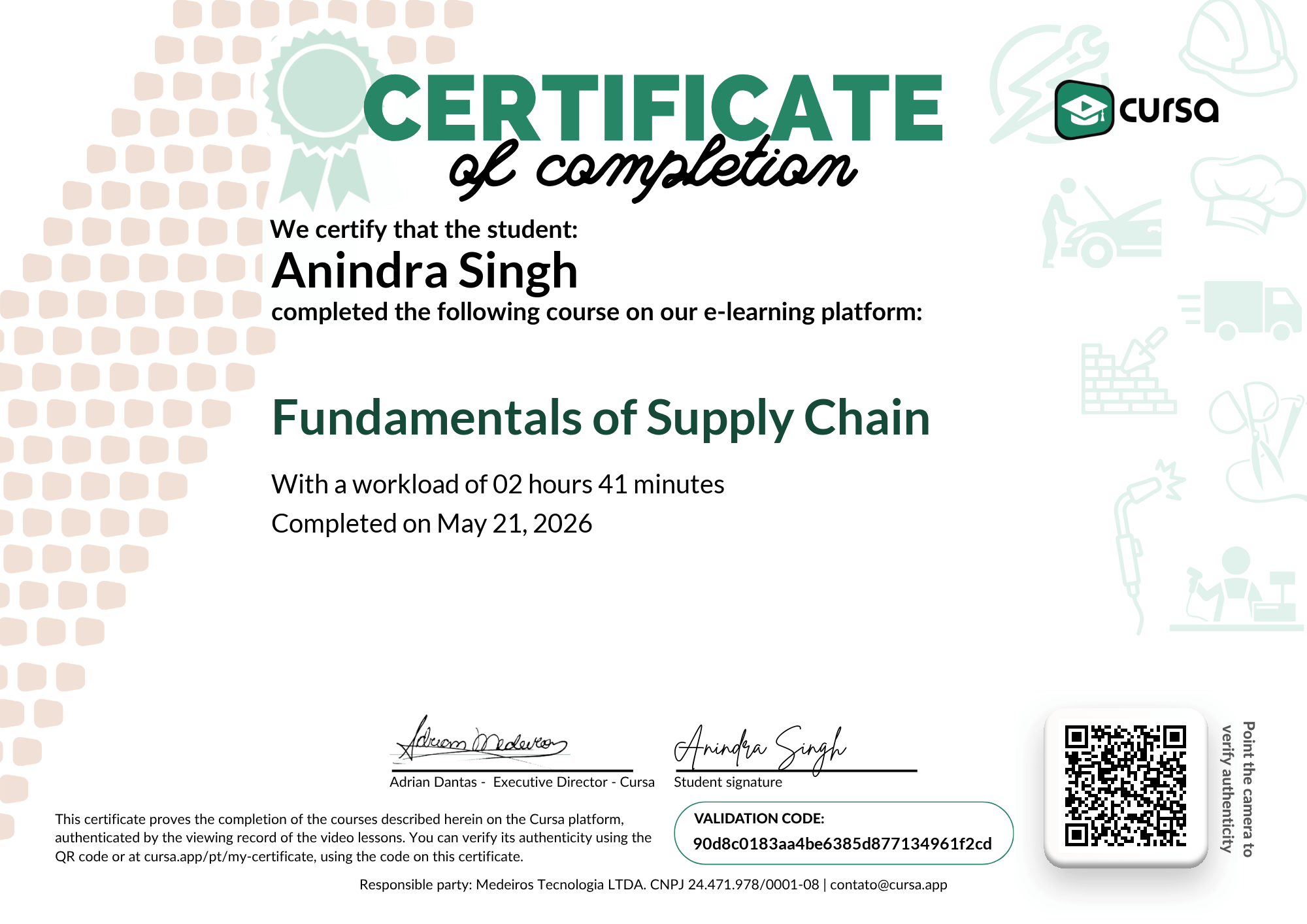 Image of my free Course Completion Certificate.