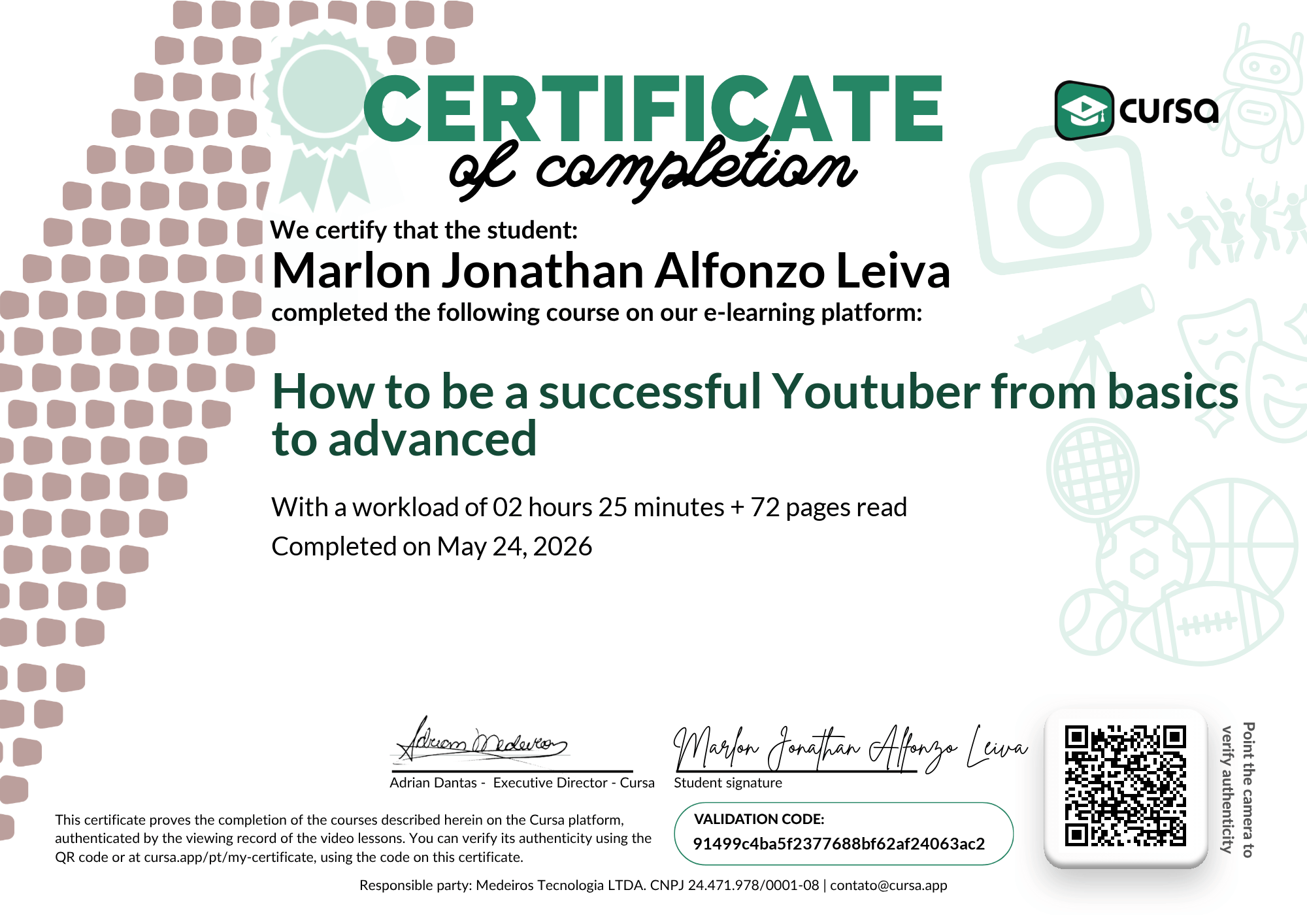 Image of my free Course Completion Certificate.