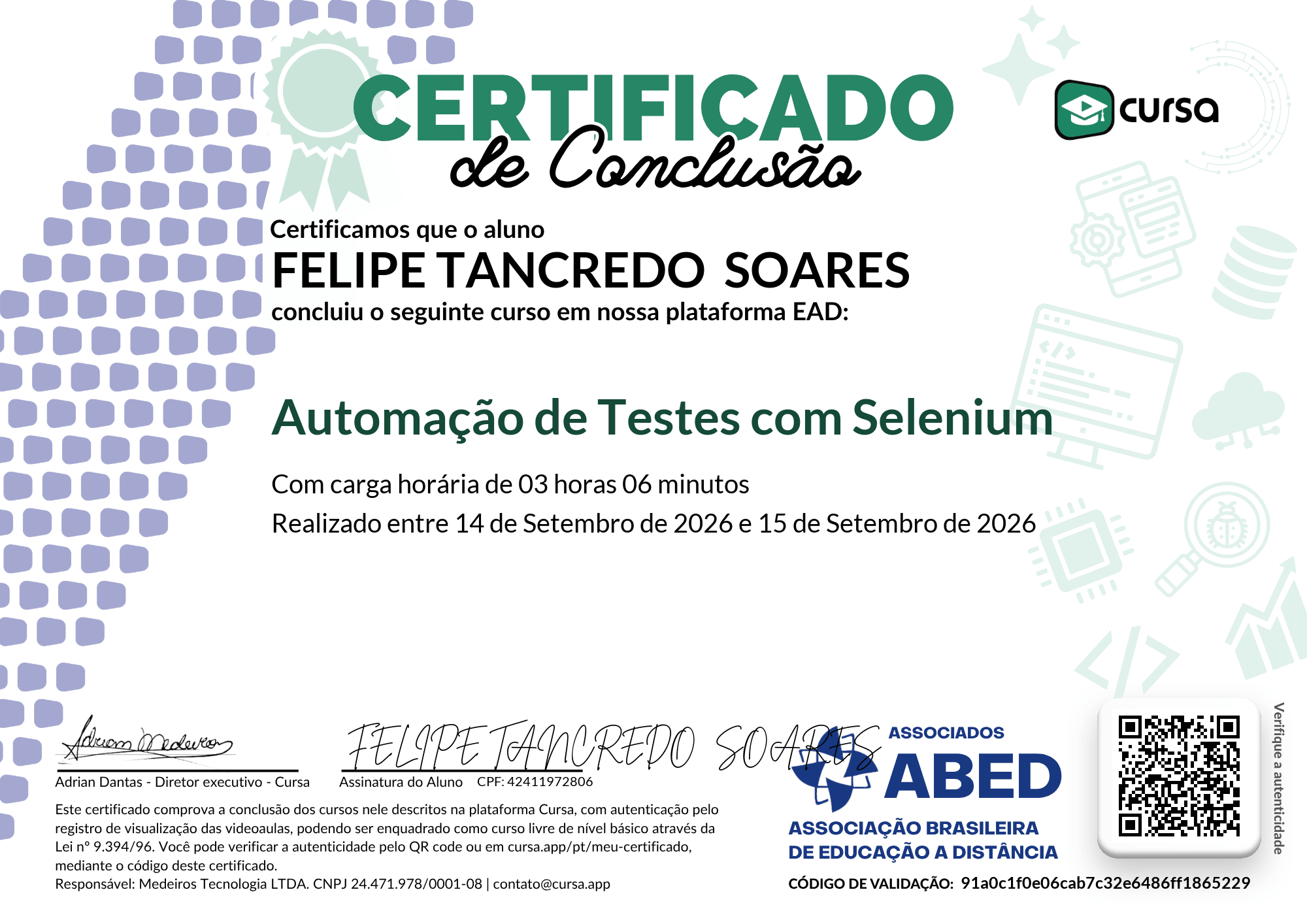 Imagem do meu Certificado gratuito de conclusão de curso.