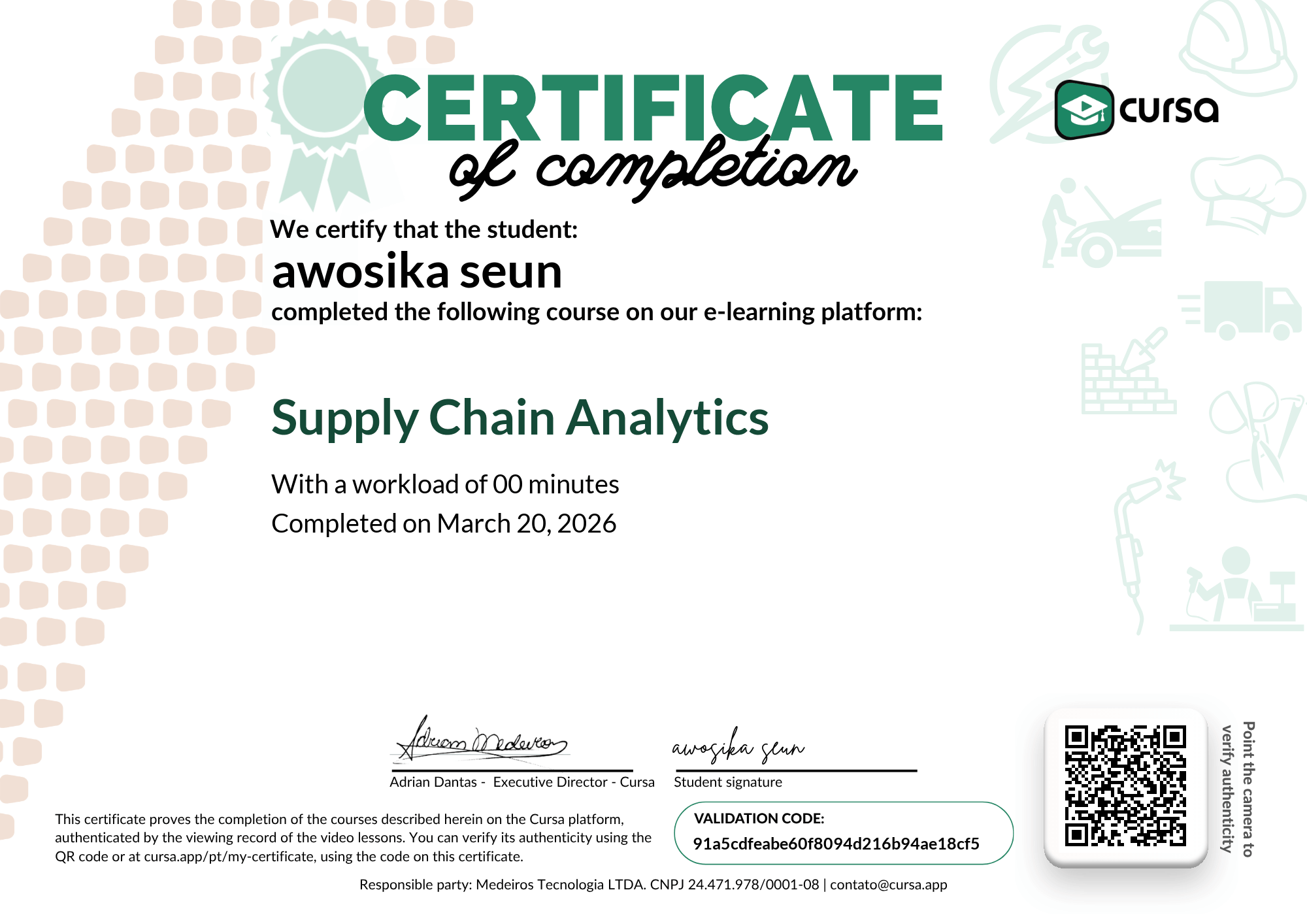 Image of my free Course Completion Certificate.