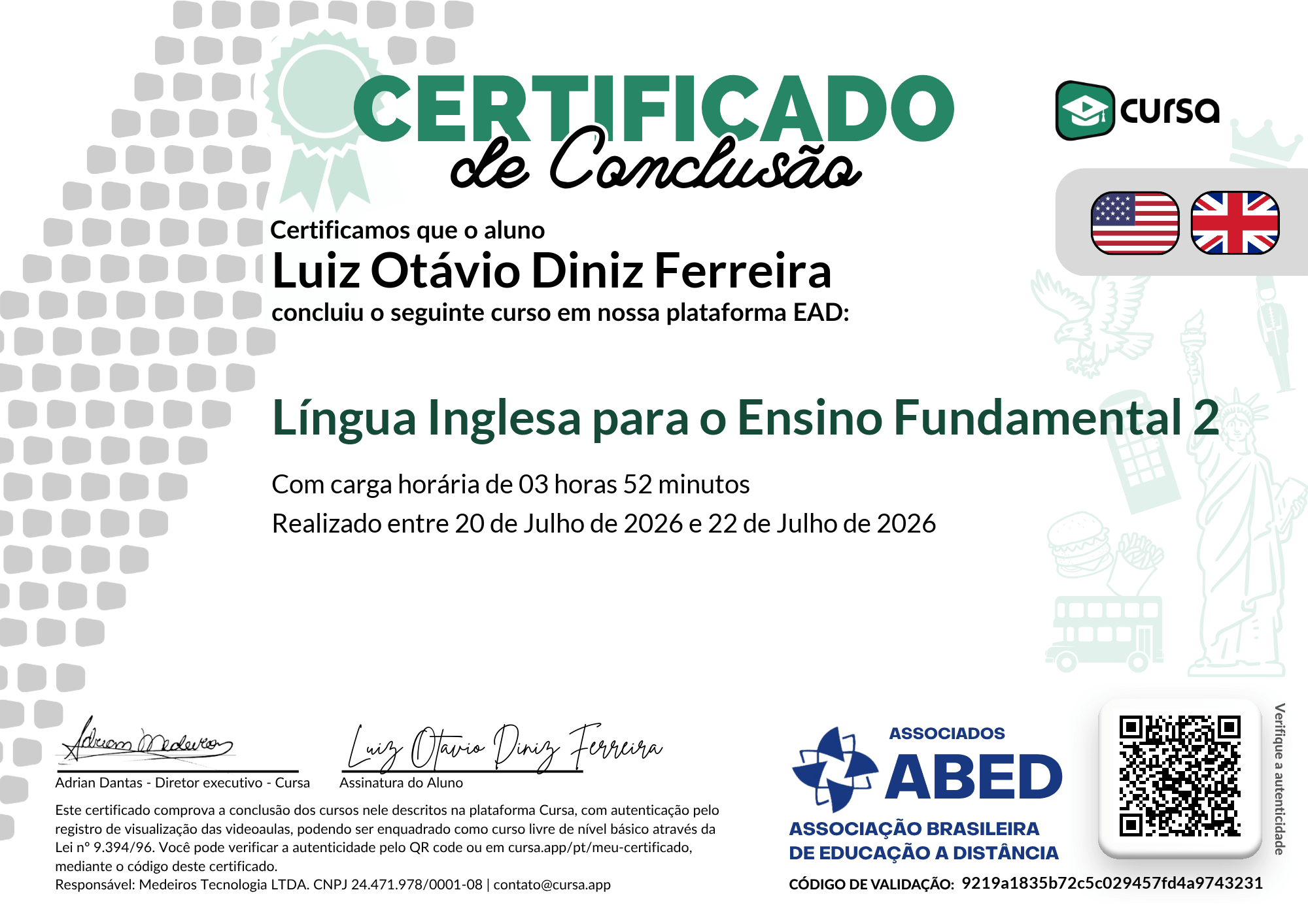 Imagem do meu Certificado gratuito de conclusão de curso.