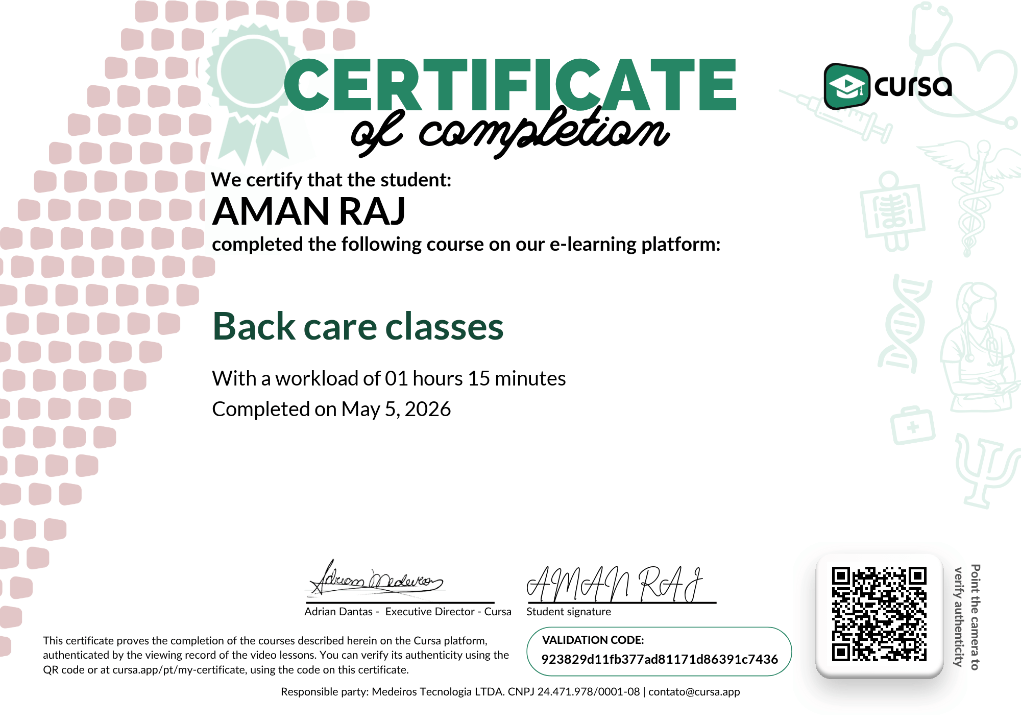 Image of my free Course Completion Certificate.