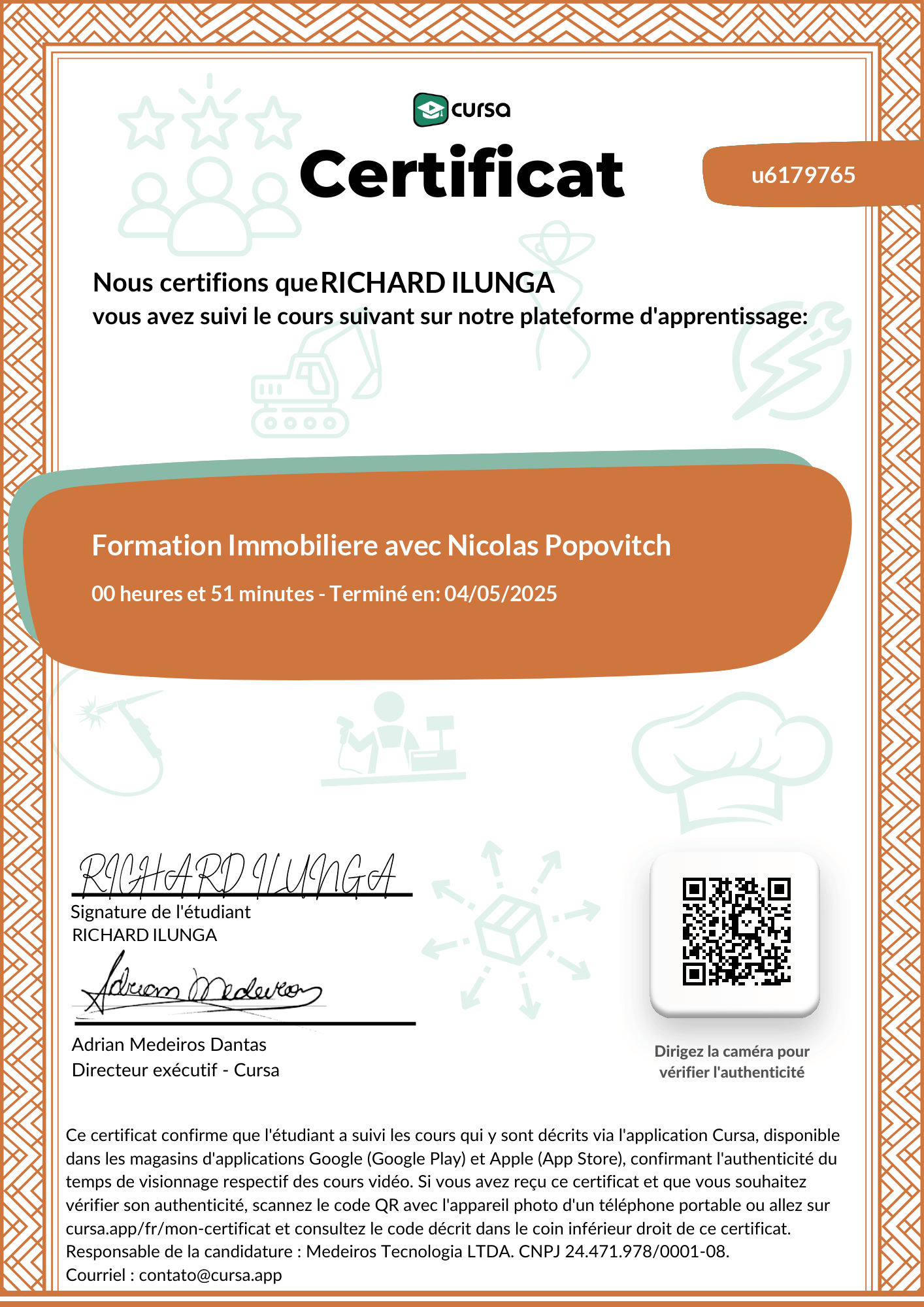 Image de mon certificat de fin de cours gratuit.