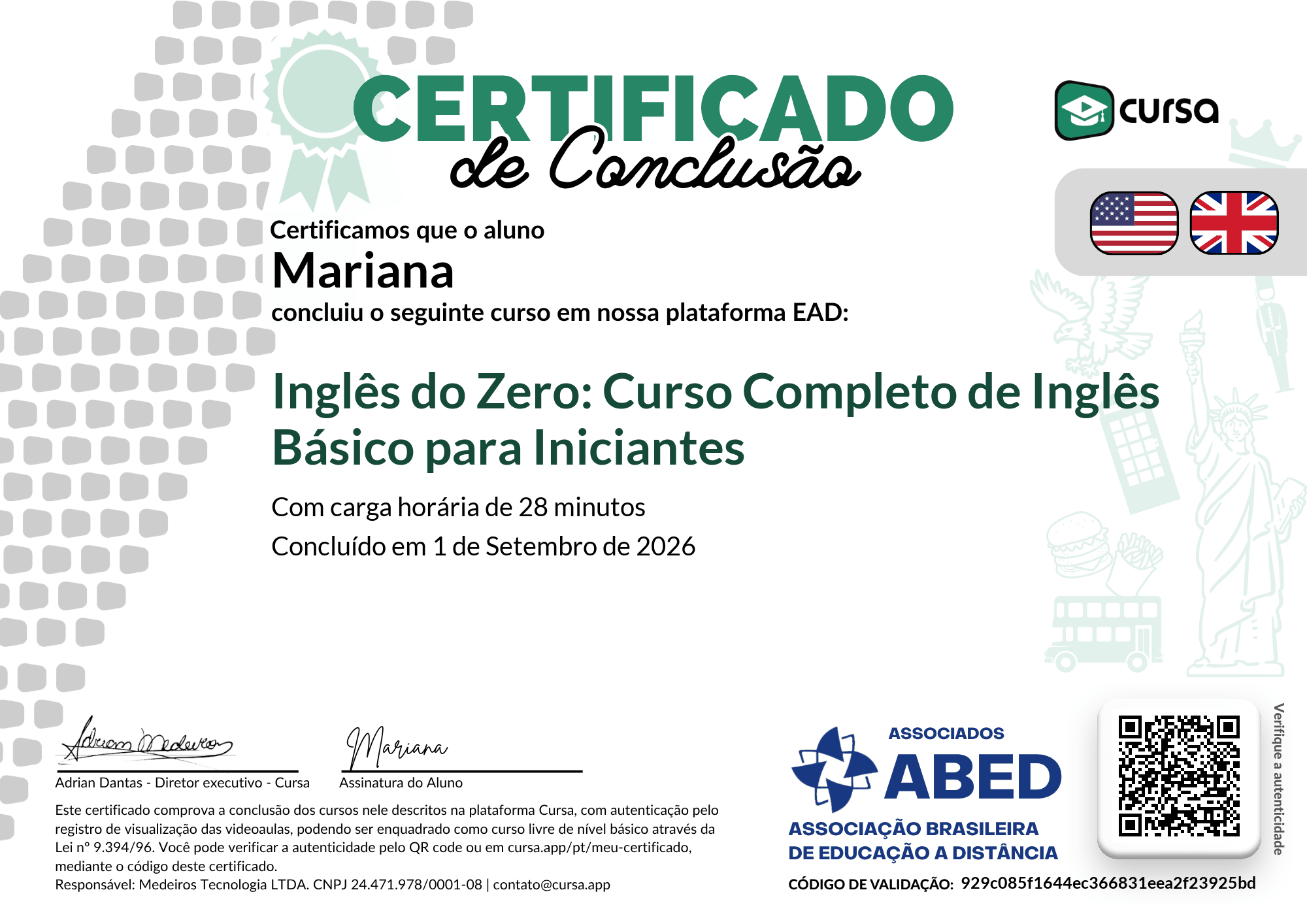 Imagem do meu Certificado gratuito de conclusão de curso.