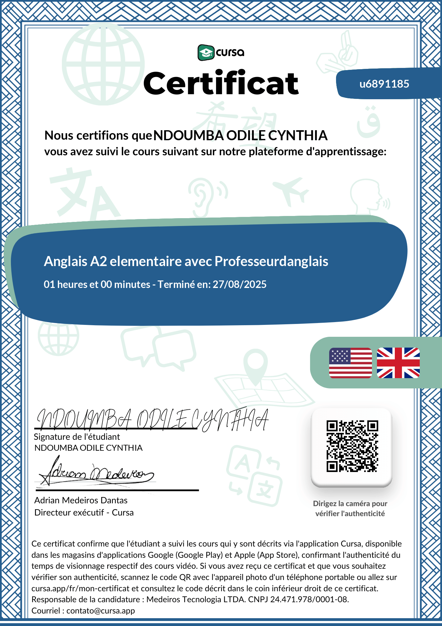 Image de mon certificat de fin de cours gratuit.