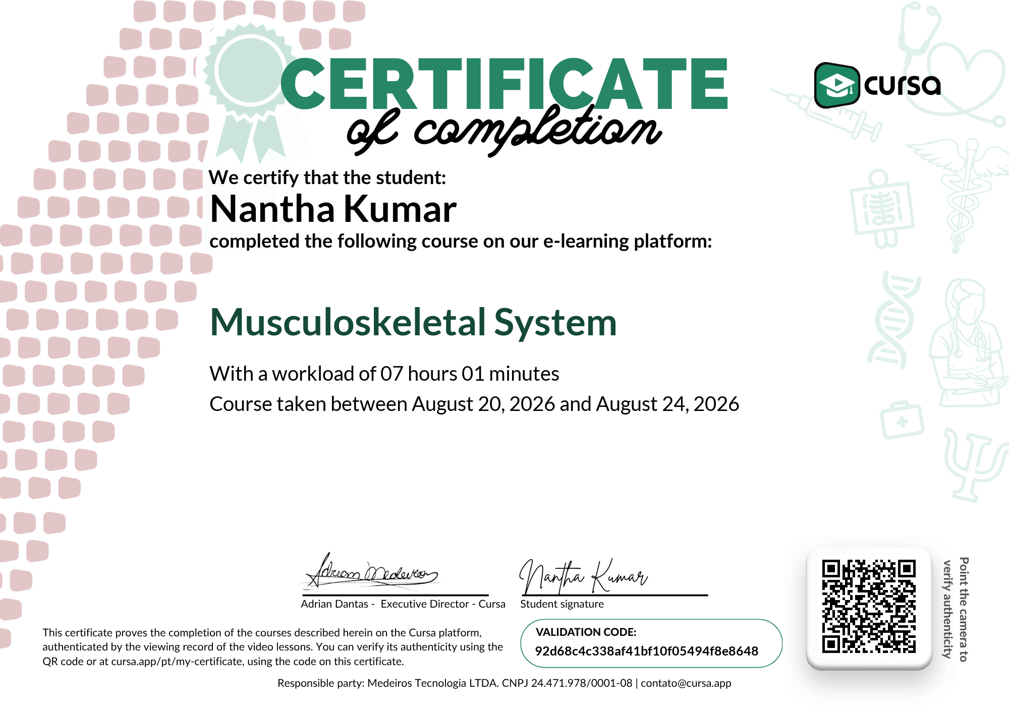 Image of my free Course Completion Certificate.