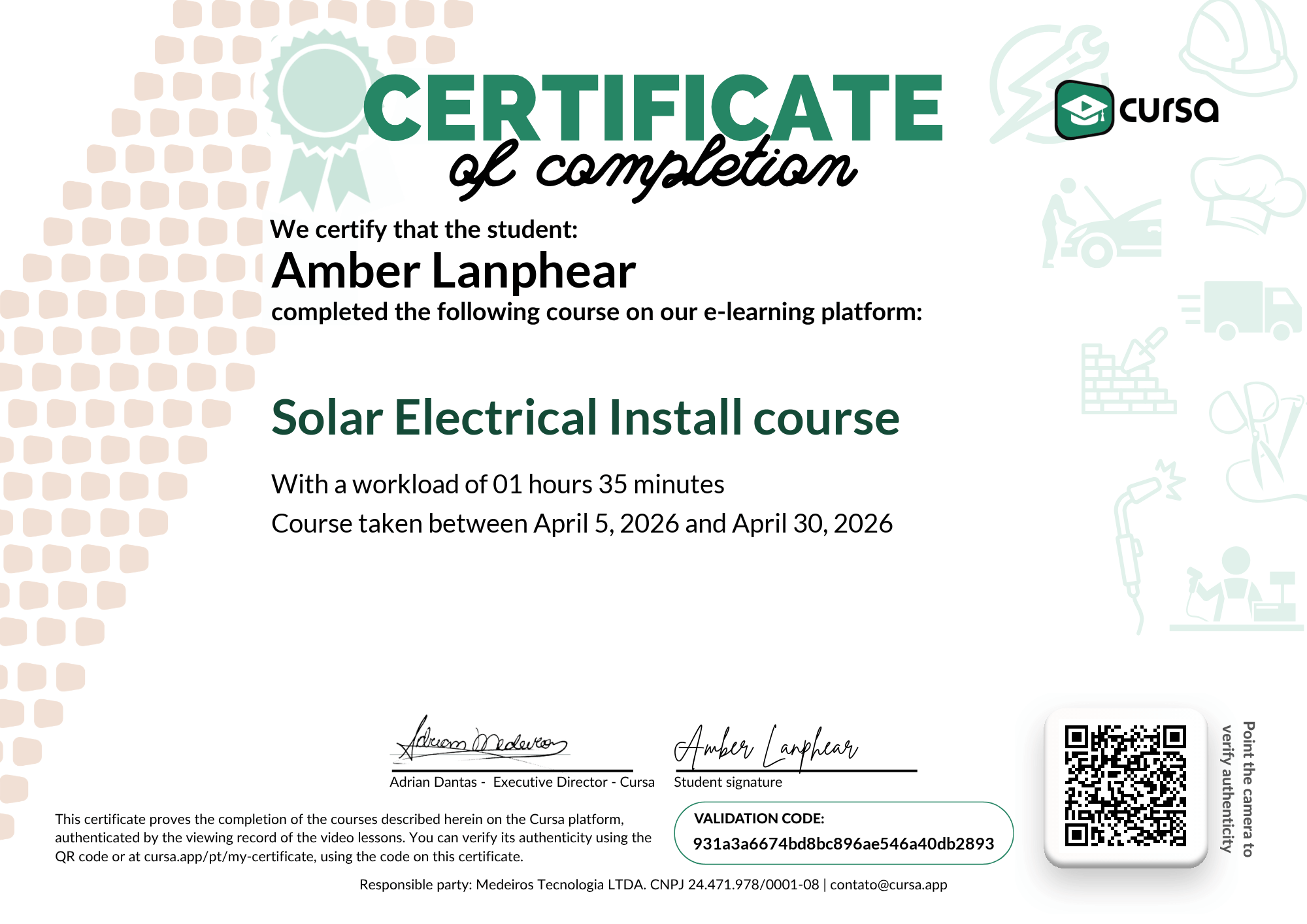 Image of my free Course Completion Certificate.