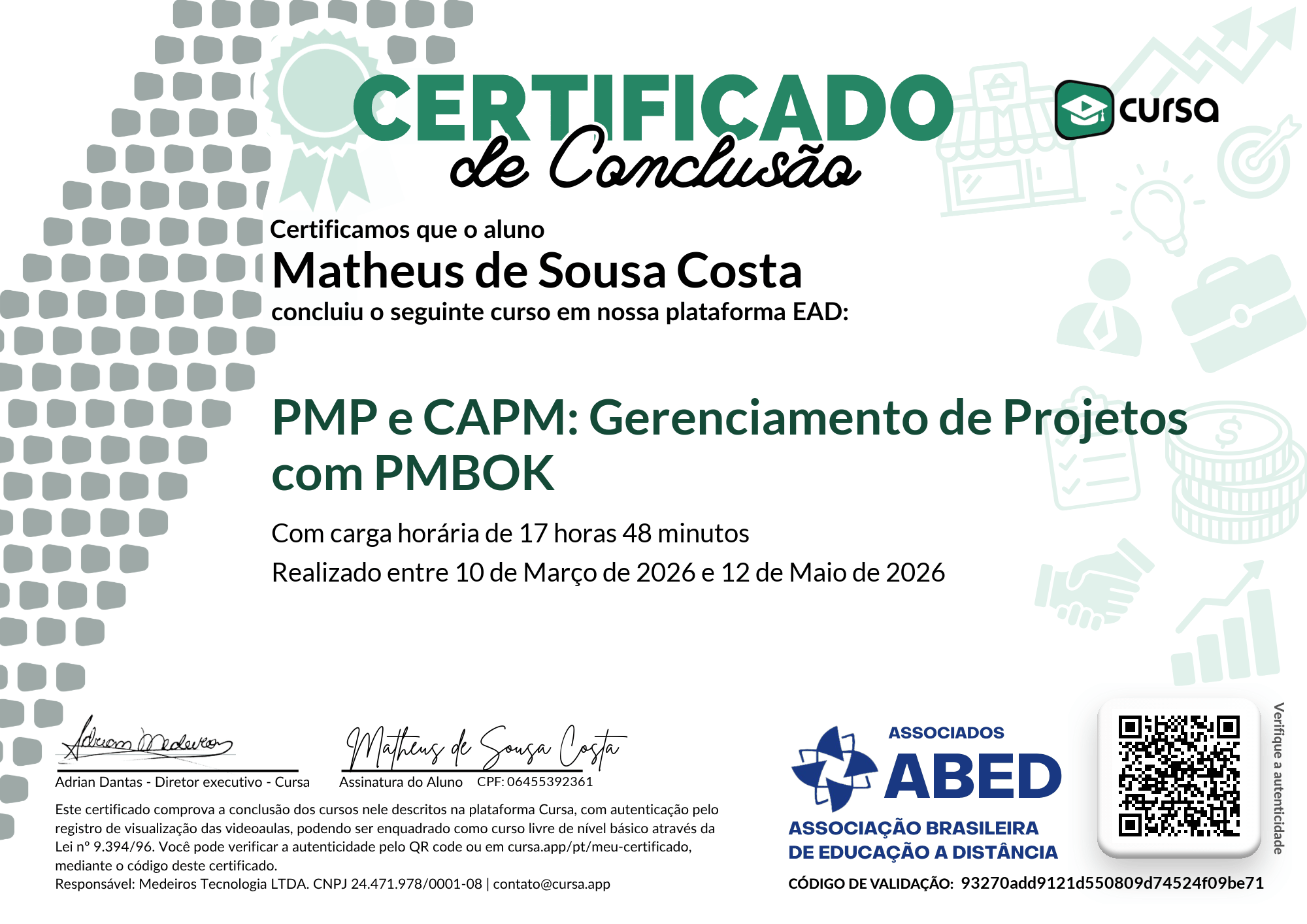 Imagem do meu Certificado gratuito de conclusão de curso.
