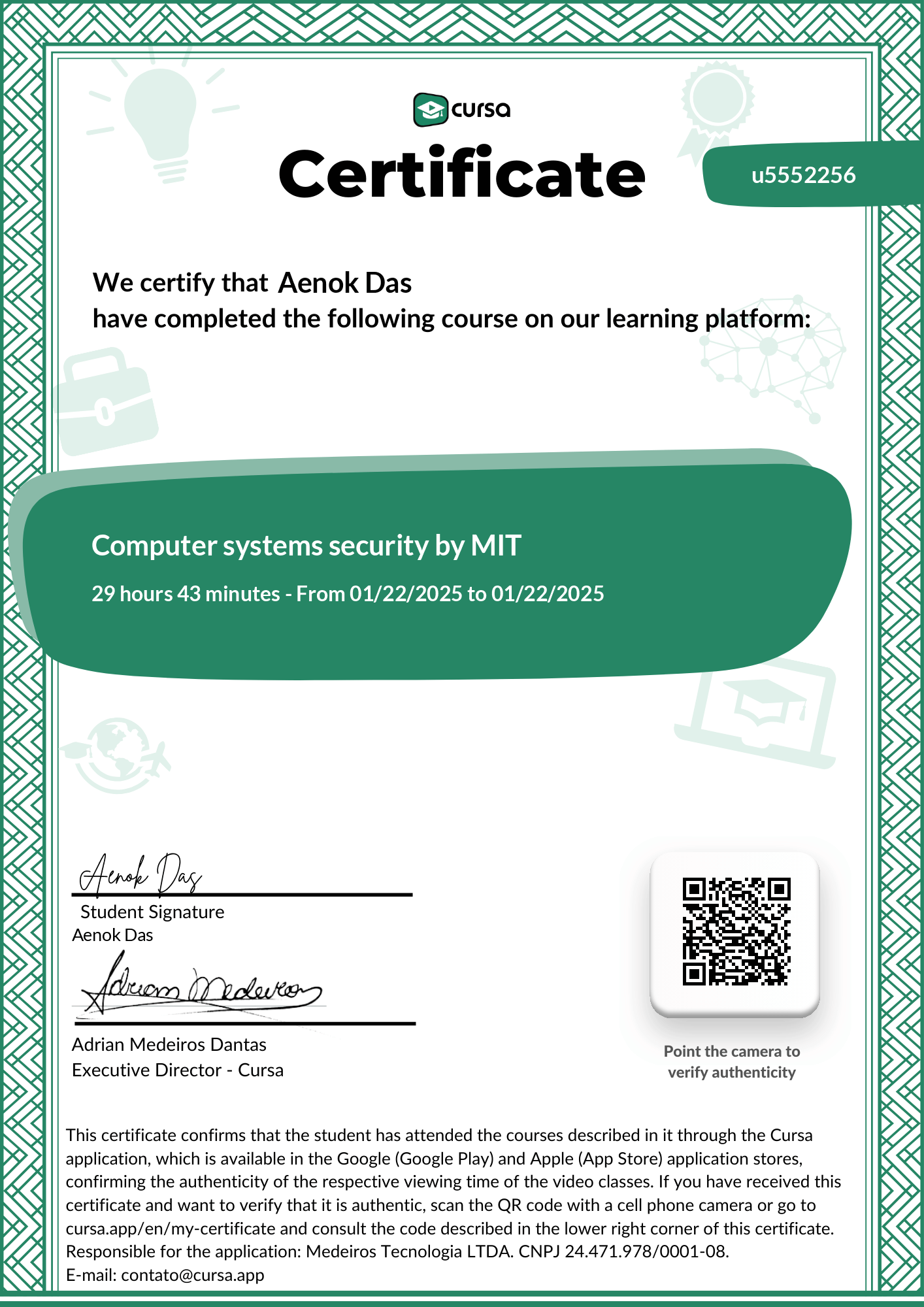Image of my free Course Completion Certificate.