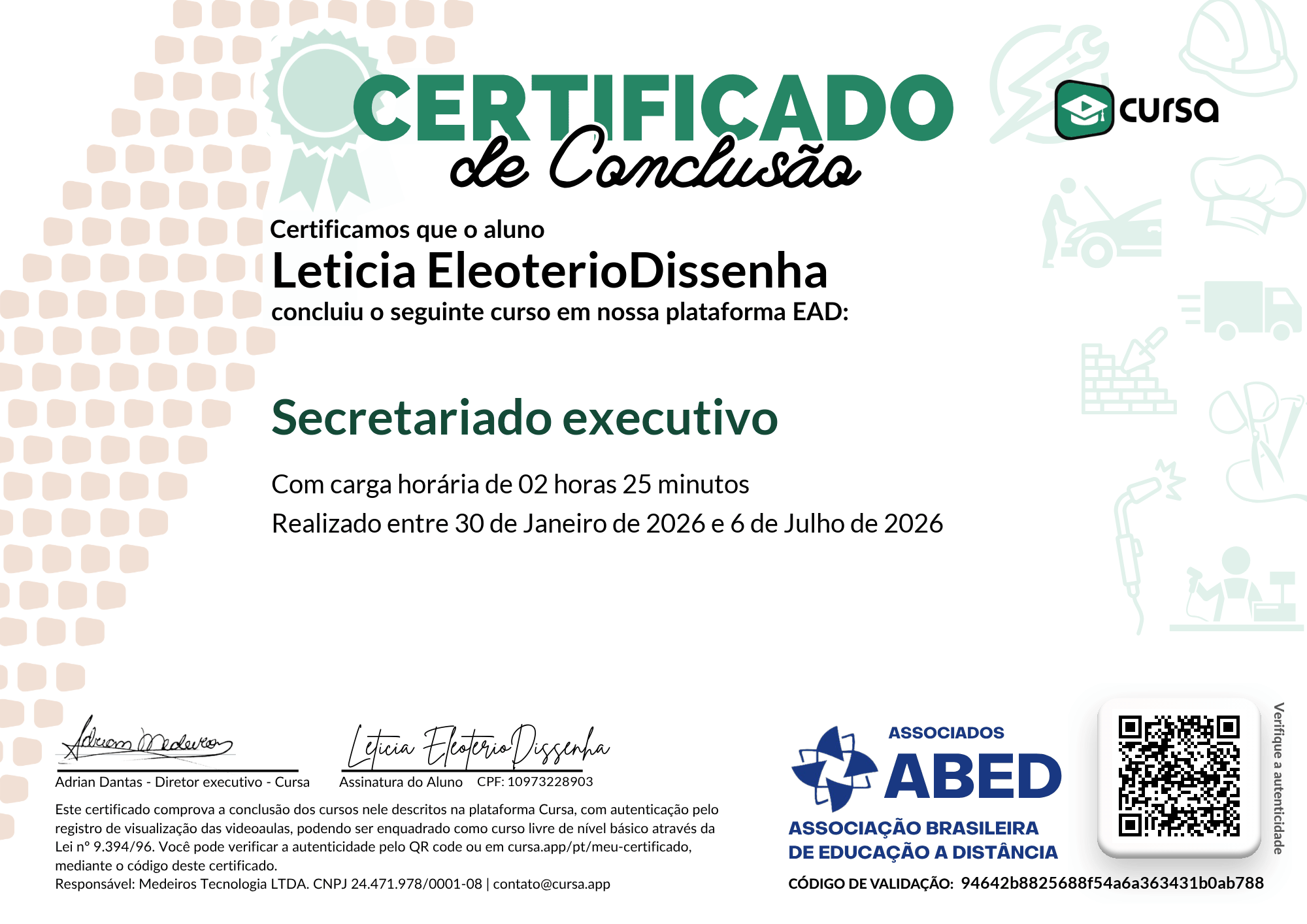 Imagem do meu Certificado gratuito de conclusão de curso.