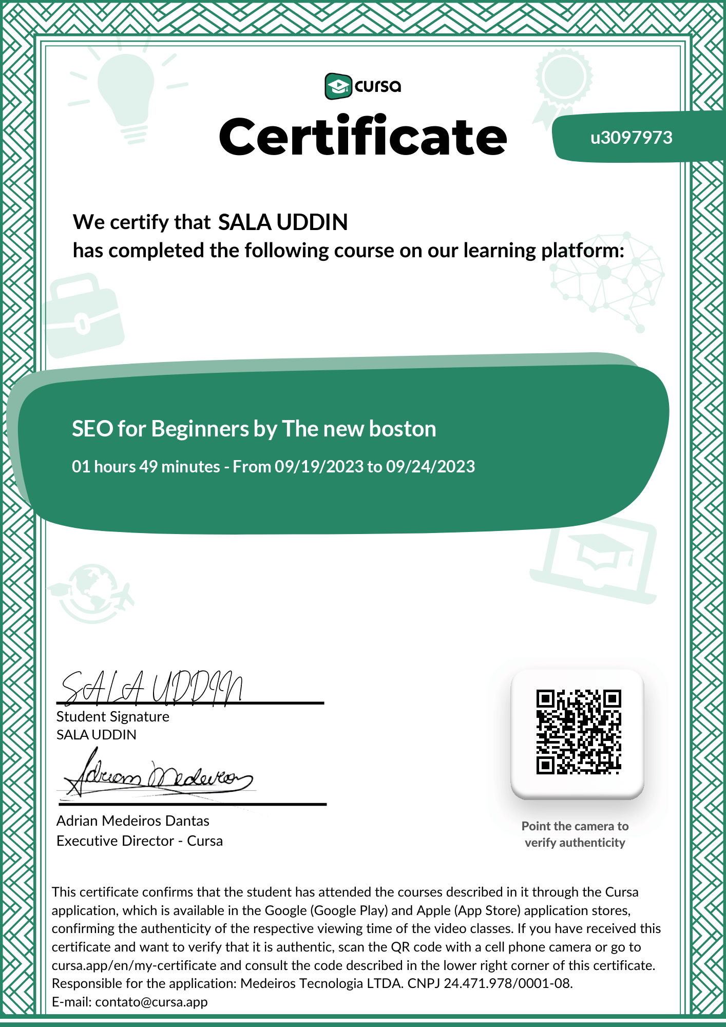 Image of my free Course Completion Certificate.