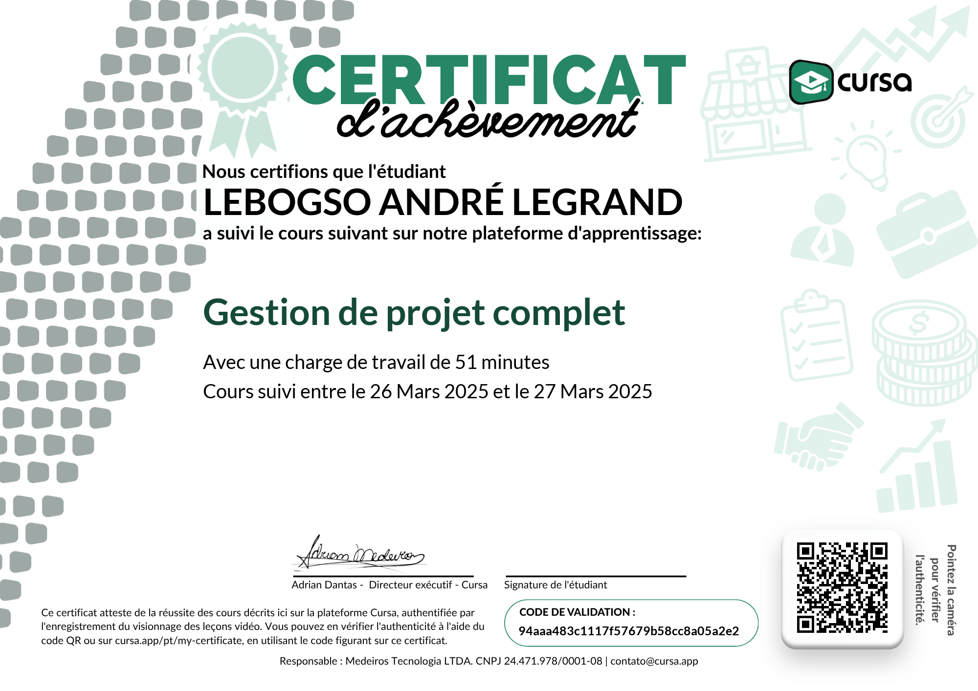 Image de mon certificat de fin de cours gratuit.