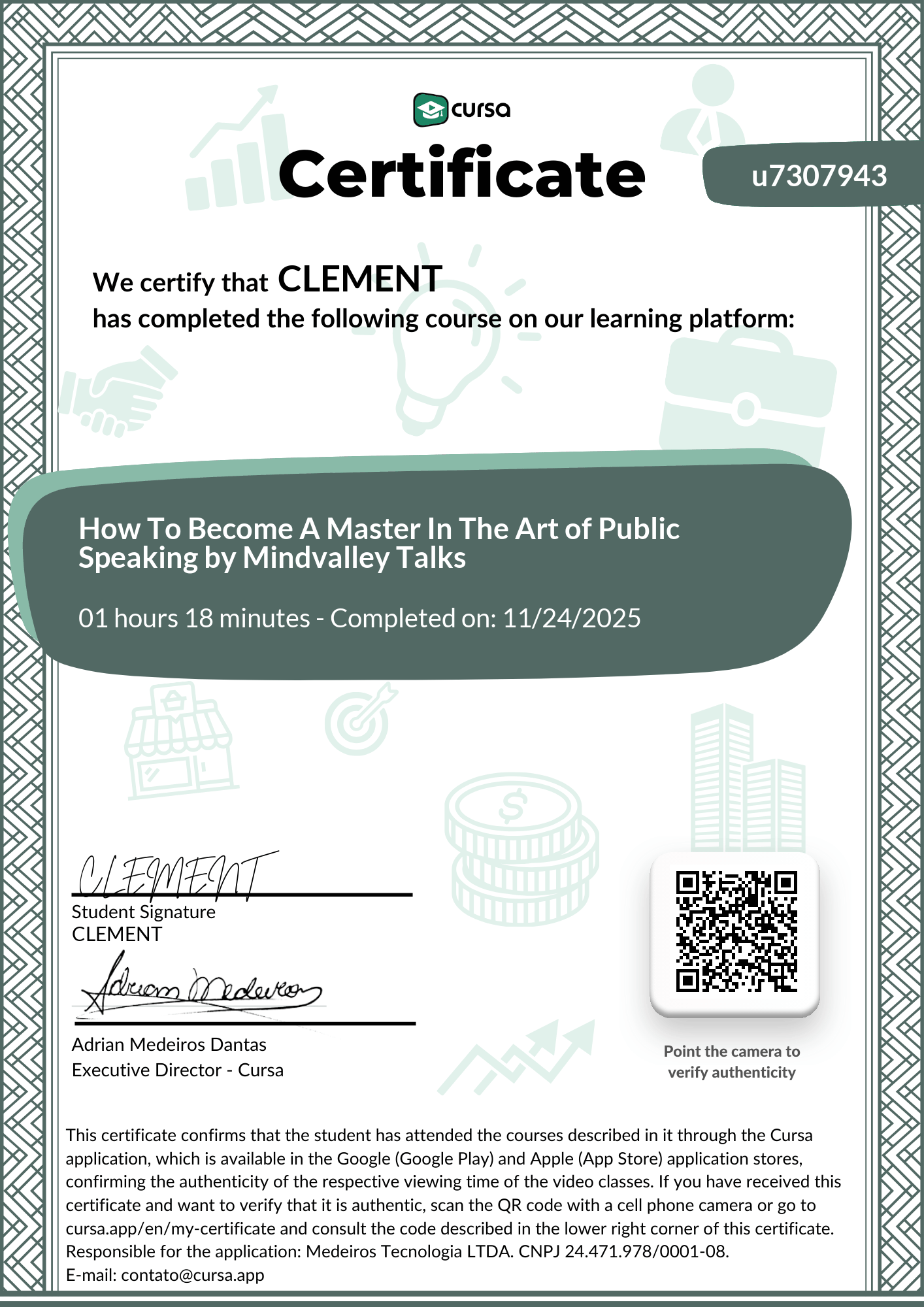 Image of my free Course Completion Certificate.
