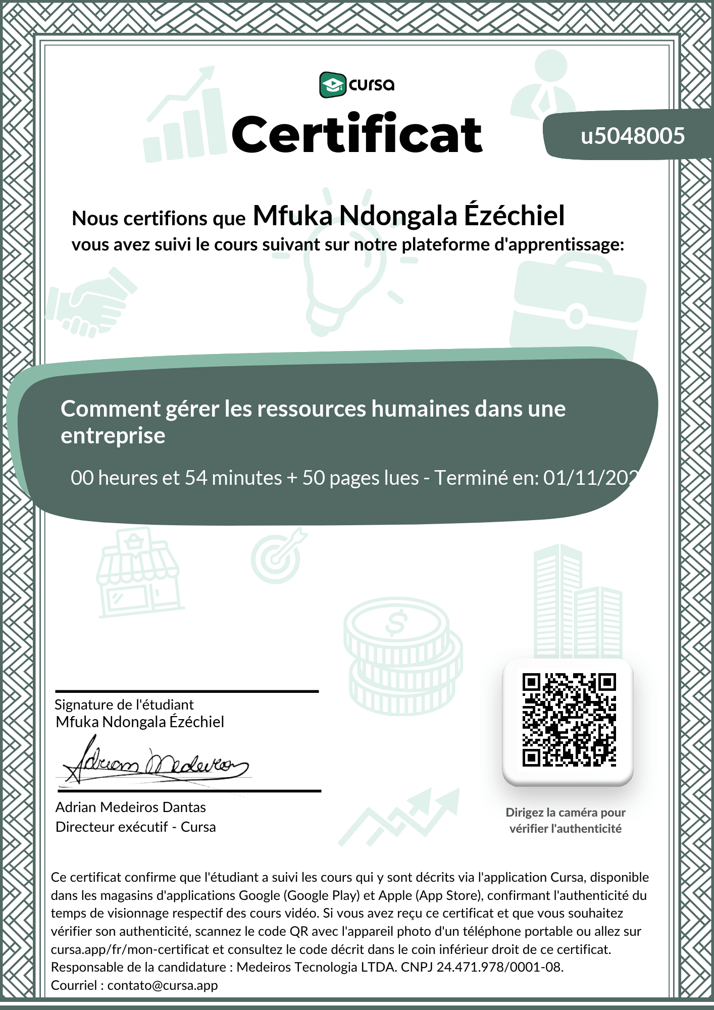 Image de mon certificat de fin de cours gratuit.