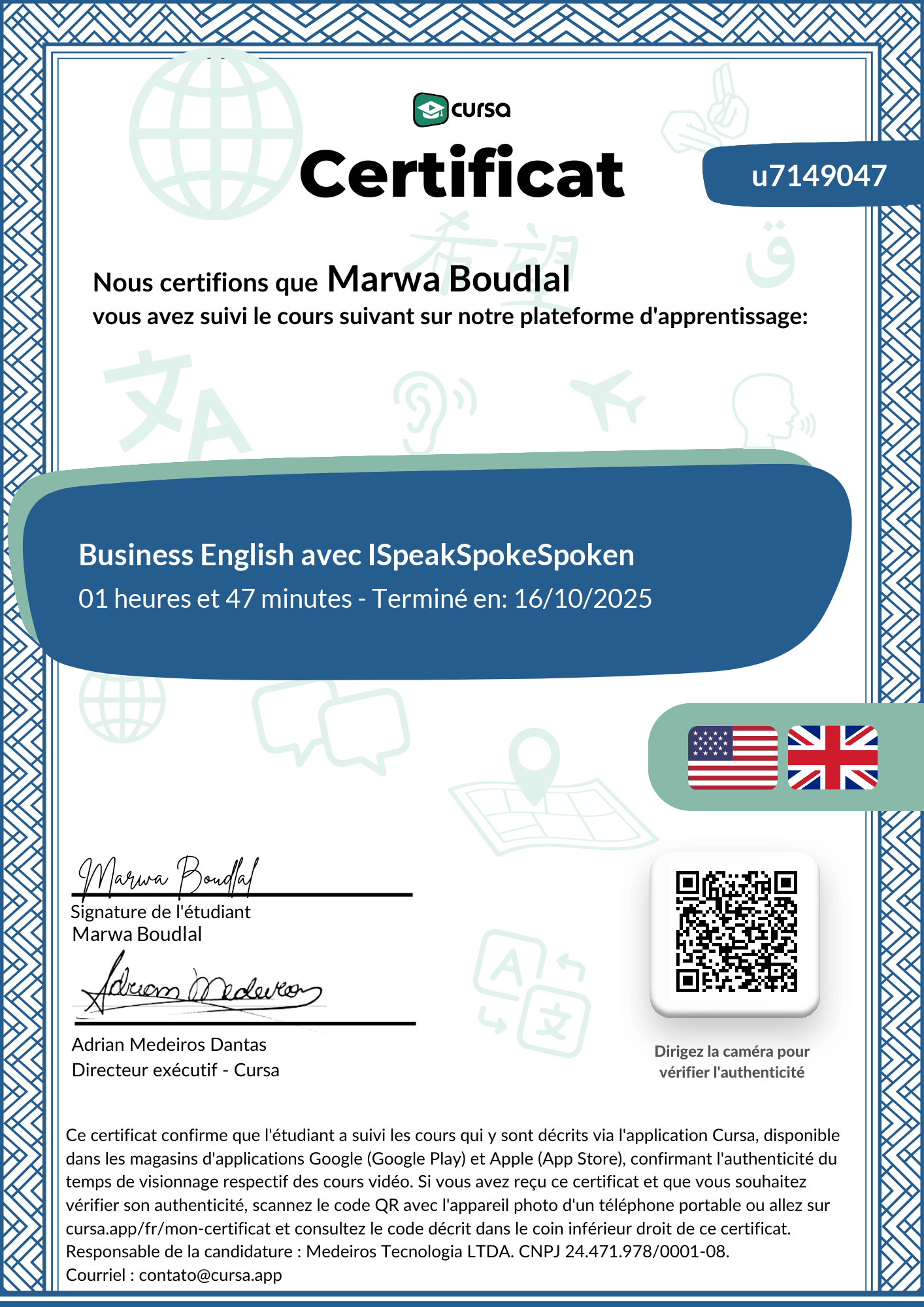 Image de mon certificat de fin de cours gratuit.