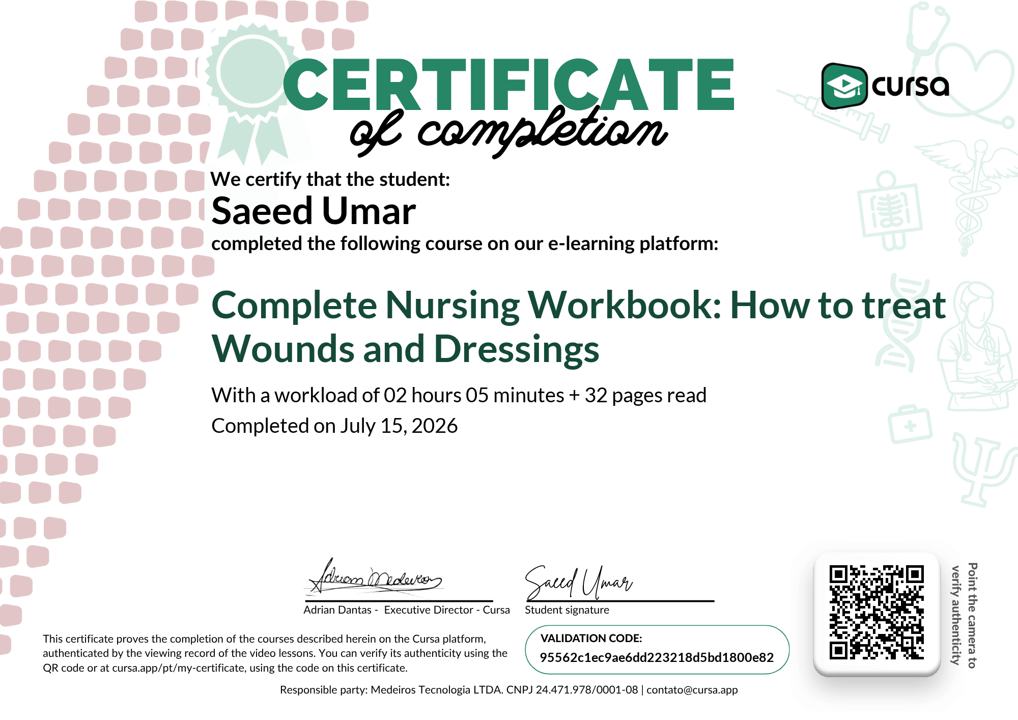 Image of my free Course Completion Certificate.