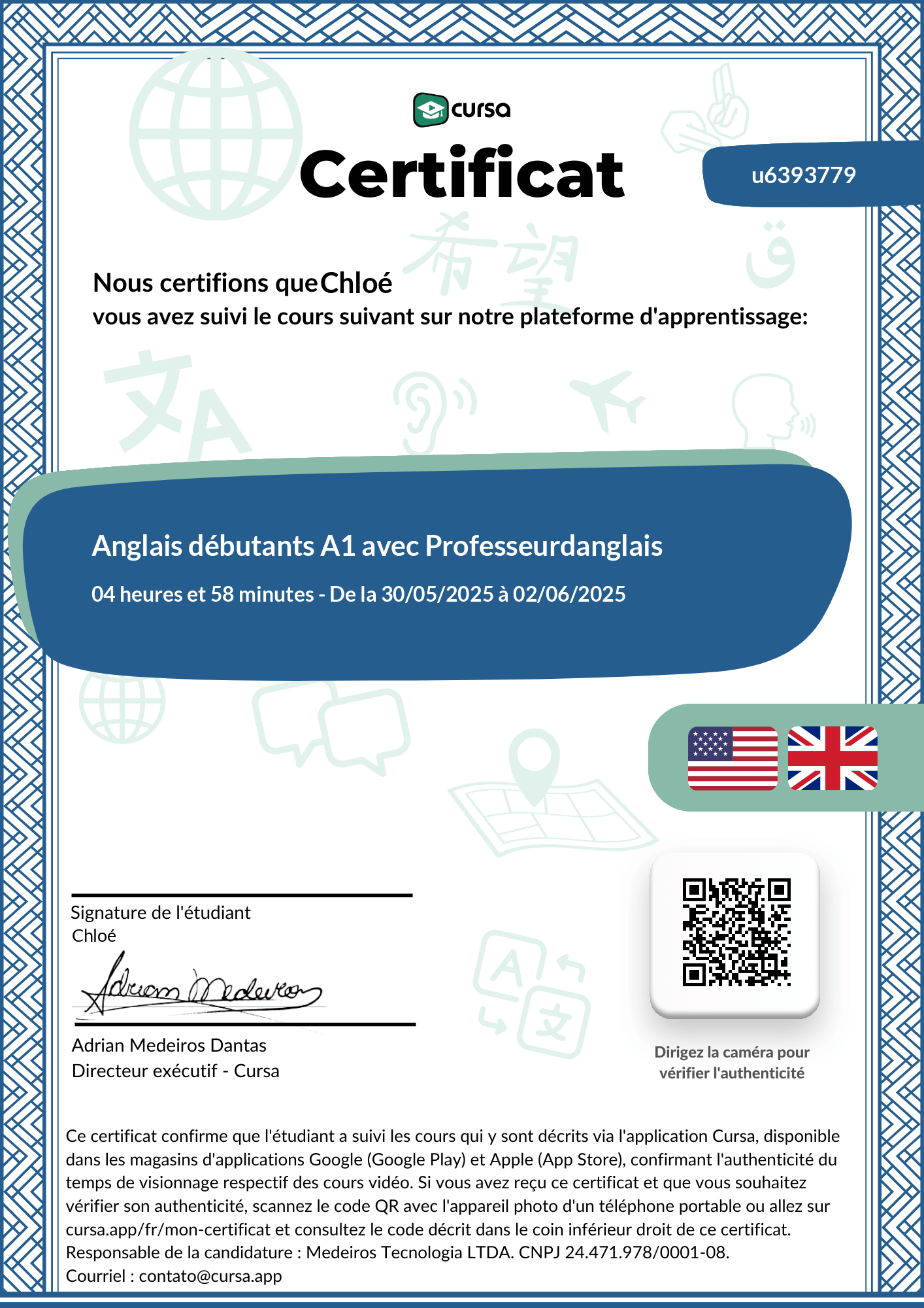 Image de mon certificat de fin de cours gratuit.