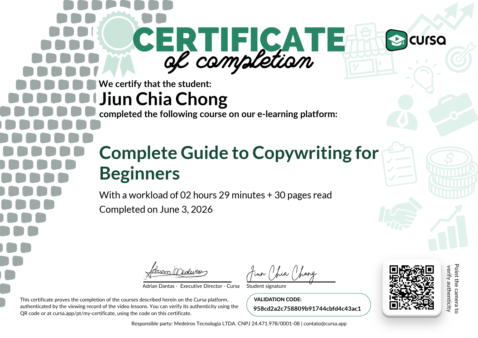 Image of my free Course Completion Certificate.