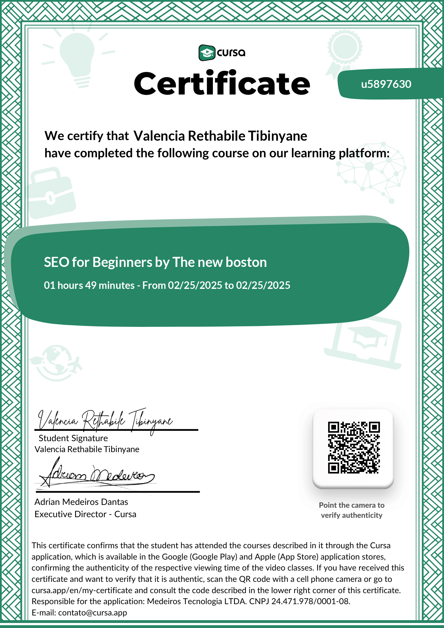 Image of my free Course Completion Certificate.