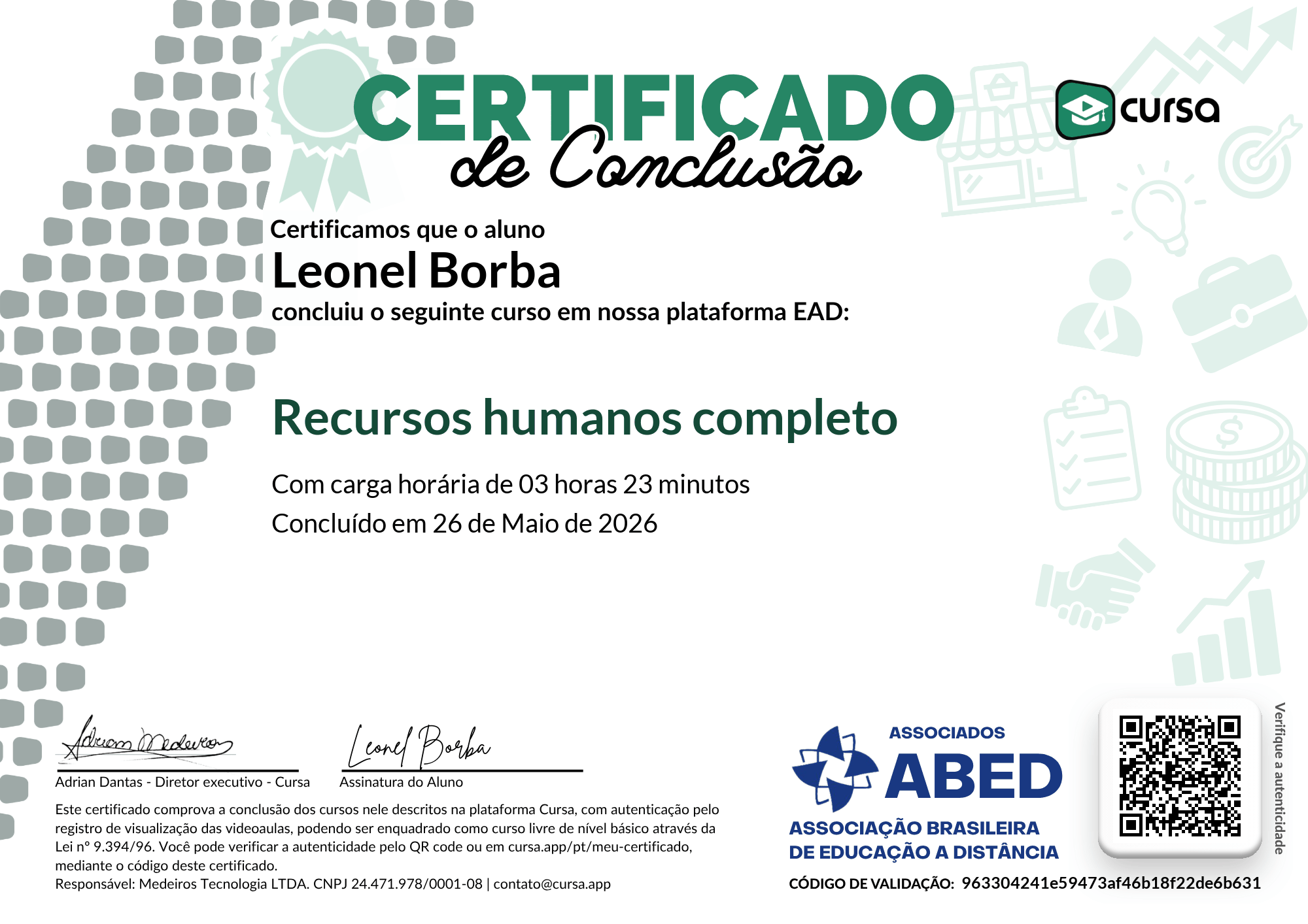Imagem do meu Certificado gratuito de conclusão de curso.