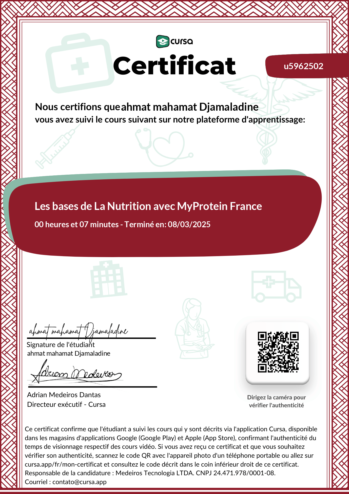 Image de mon certificat de fin de cours gratuit.