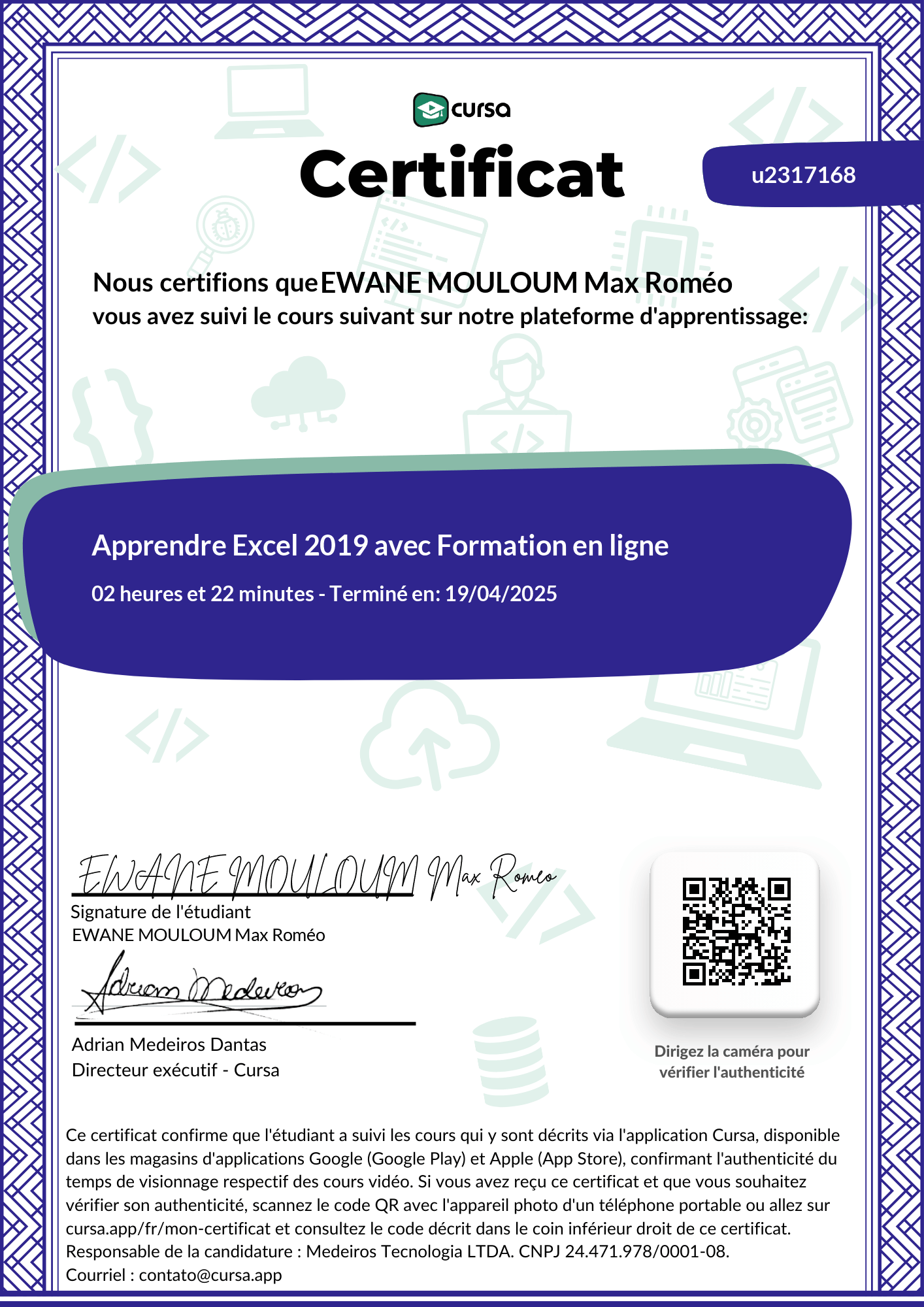 Image de mon certificat de fin de cours gratuit.