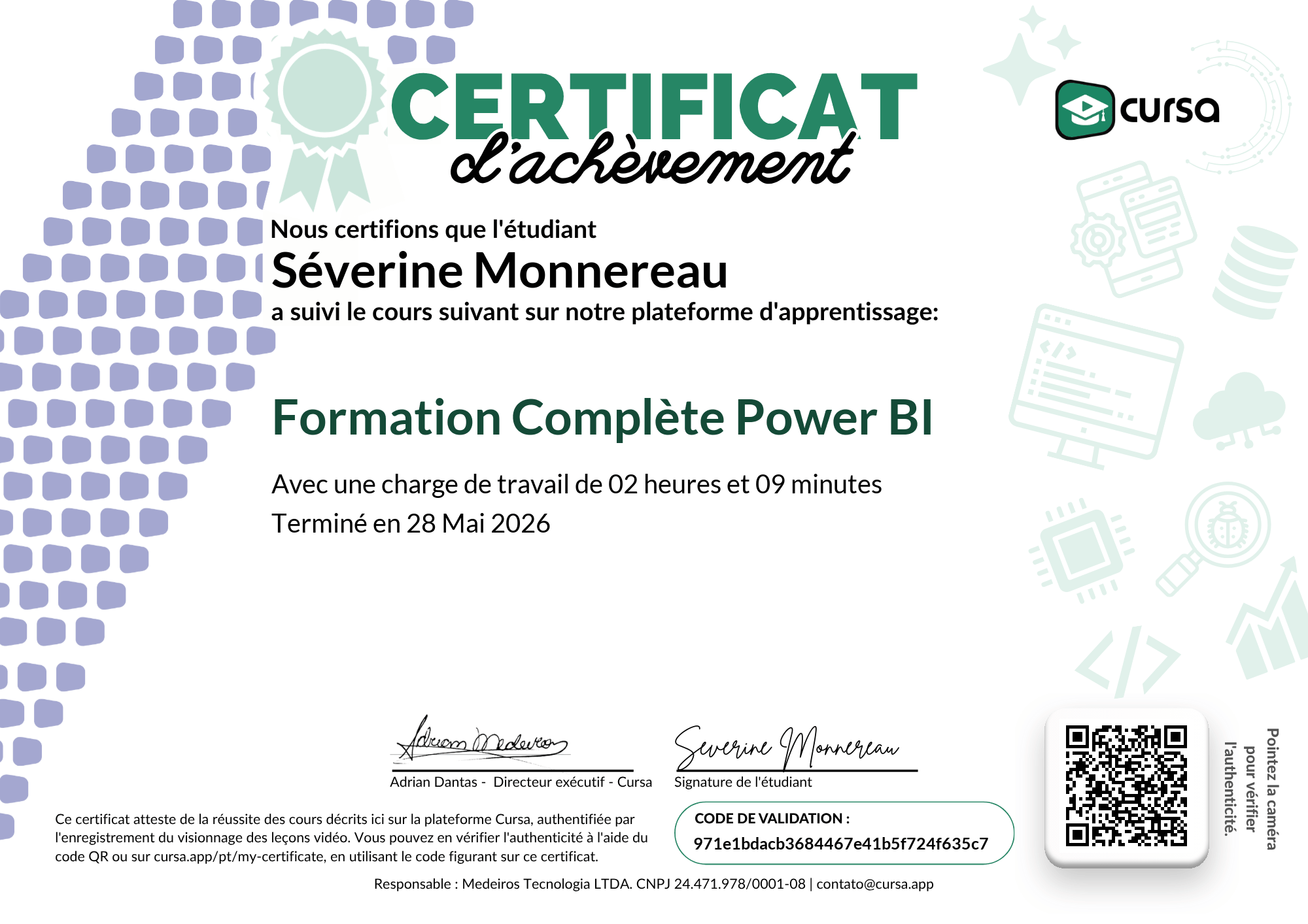 Image de mon certificat de fin de cours gratuit.