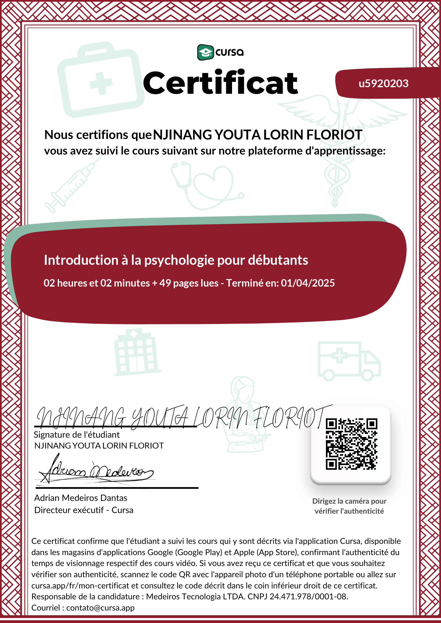 Image de mon certificat de fin de cours gratuit.