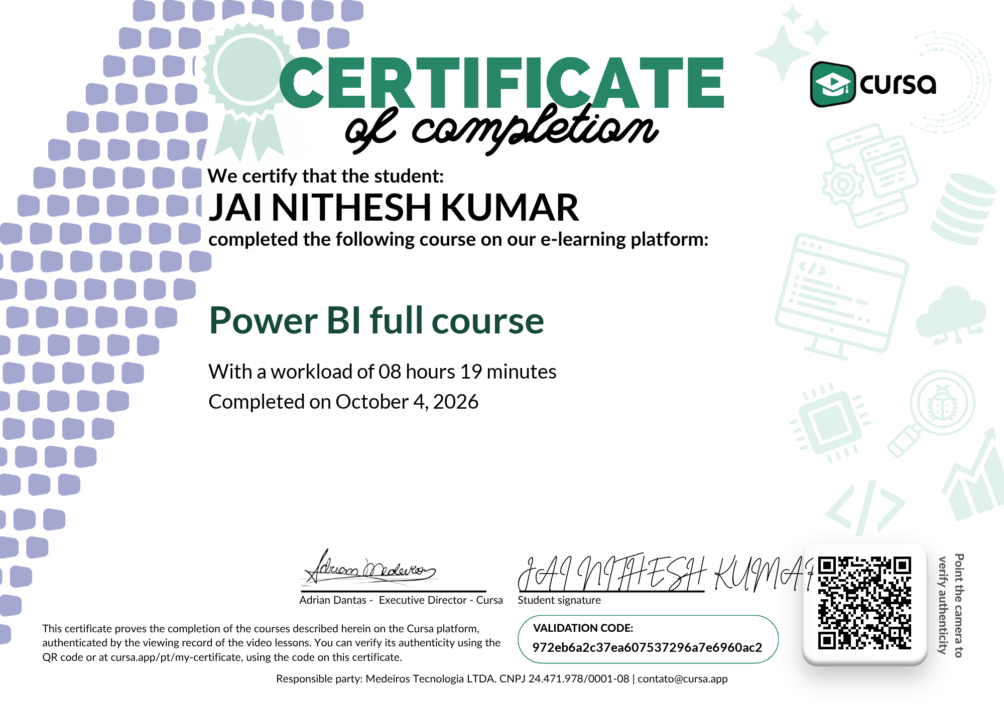 Image of my free Course Completion Certificate.
