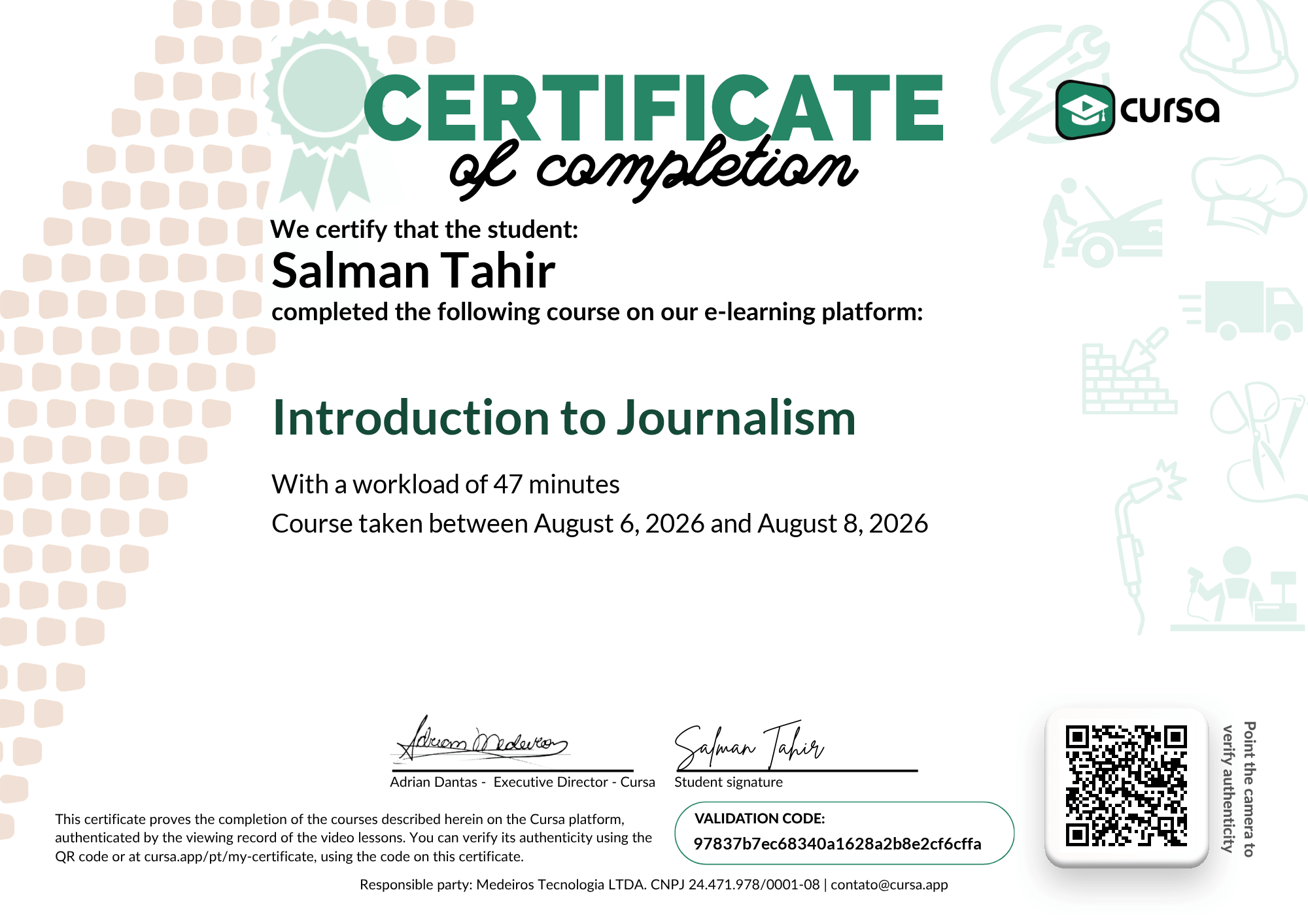 Image of my free Course Completion Certificate.