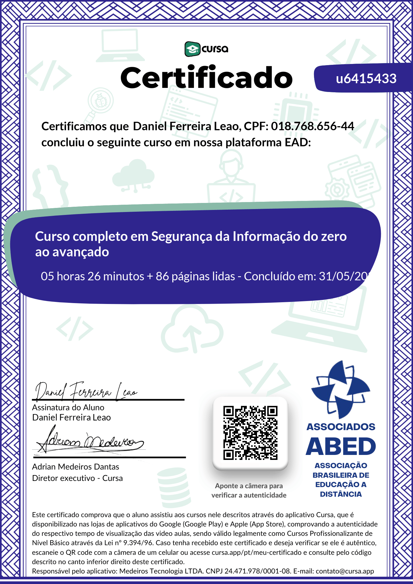Imagem do meu Certificado gratuito de conclusão de curso.