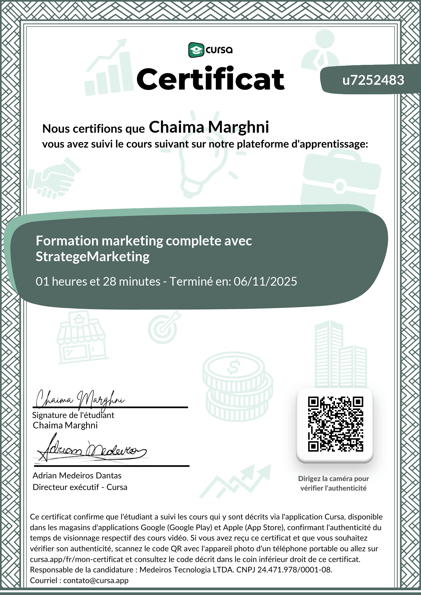 Image de mon certificat de fin de cours gratuit.