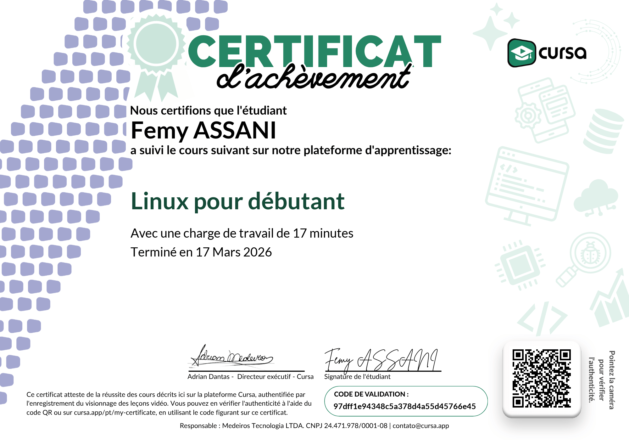 Image de mon certificat de fin de cours gratuit.