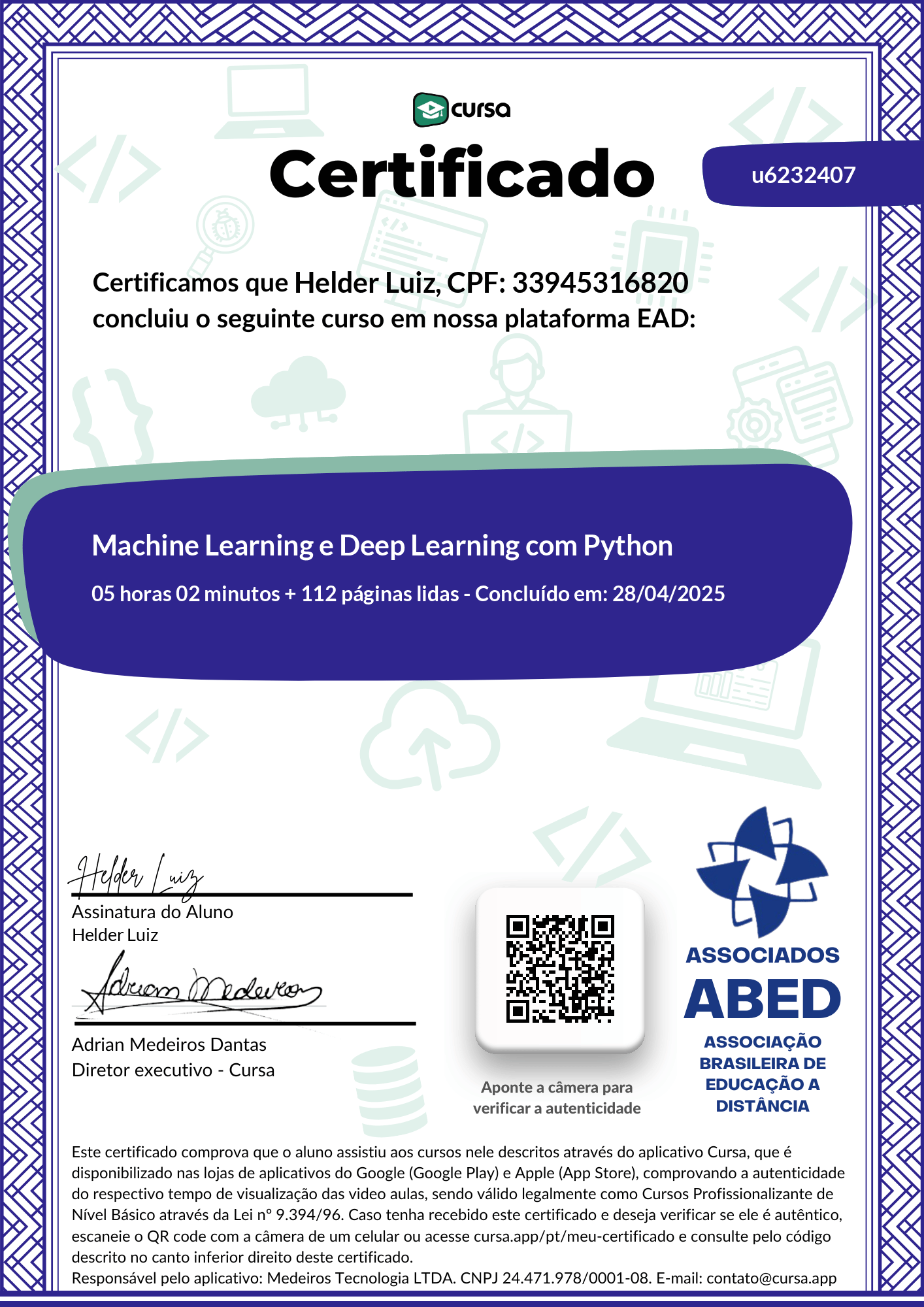 Imagem do meu Certificado gratuito de conclusão de curso.