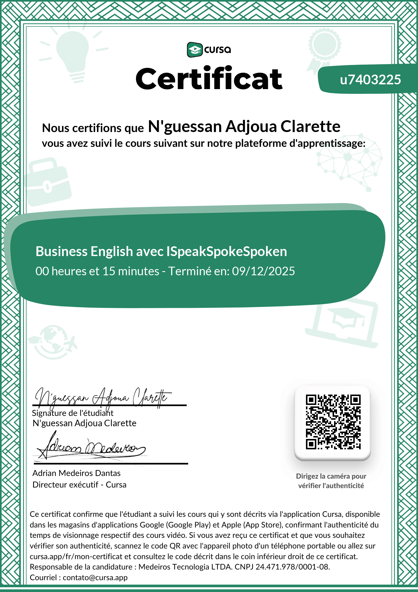 Image de mon certificat de fin de cours gratuit.