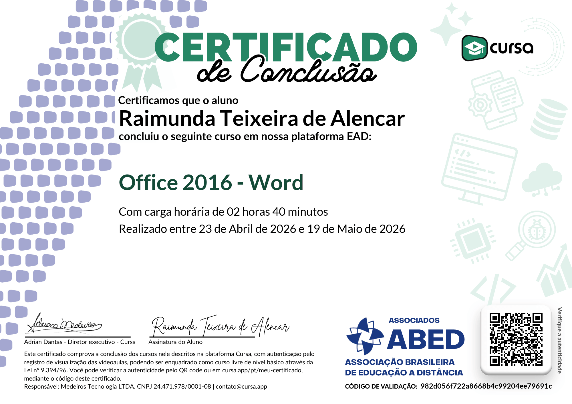 Imagem do meu Certificado gratuito de conclusão de curso.