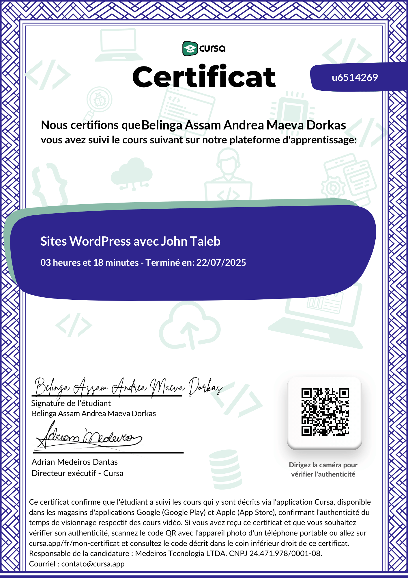 Image de mon certificat de fin de cours gratuit.