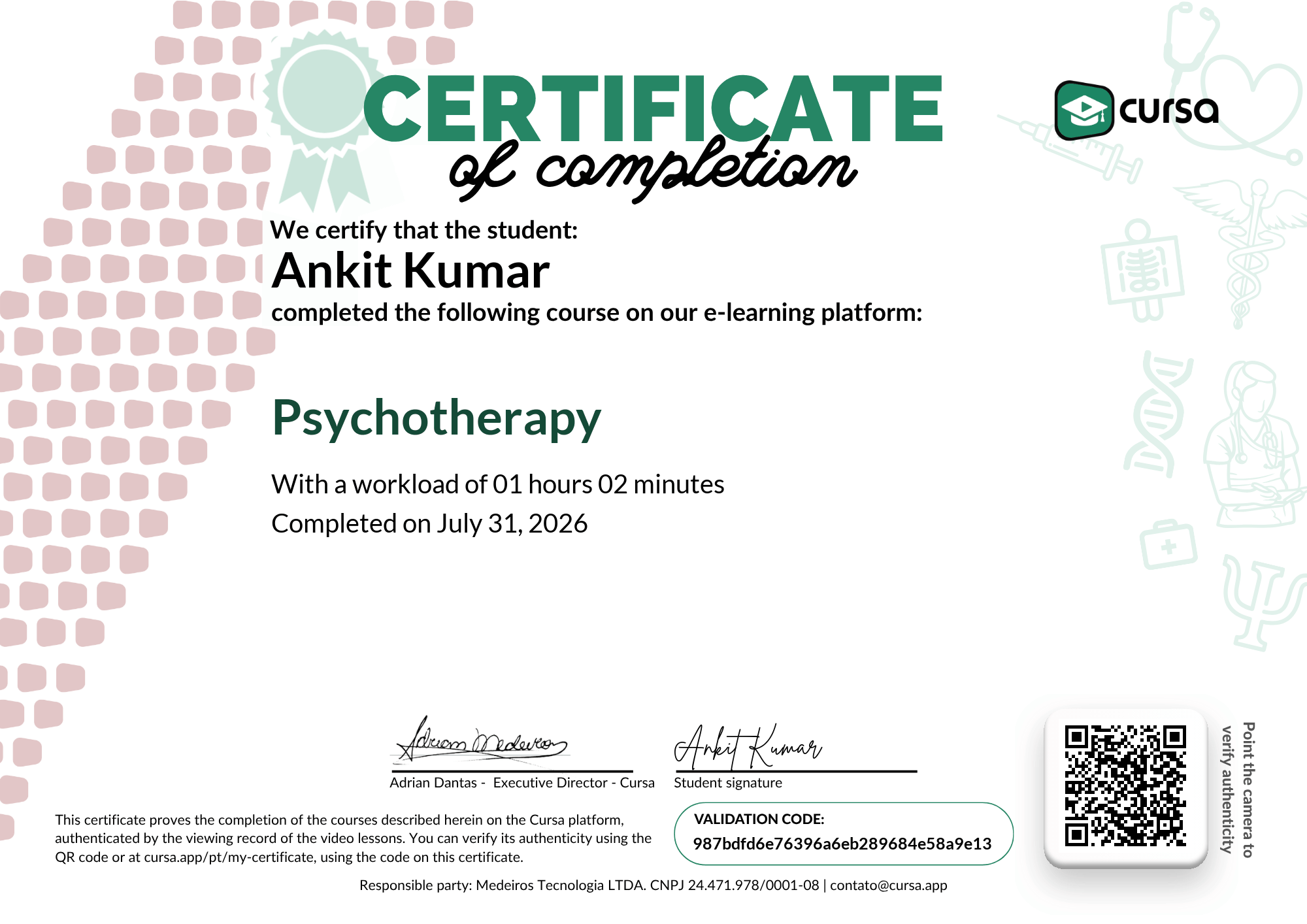 Image of my free Course Completion Certificate.