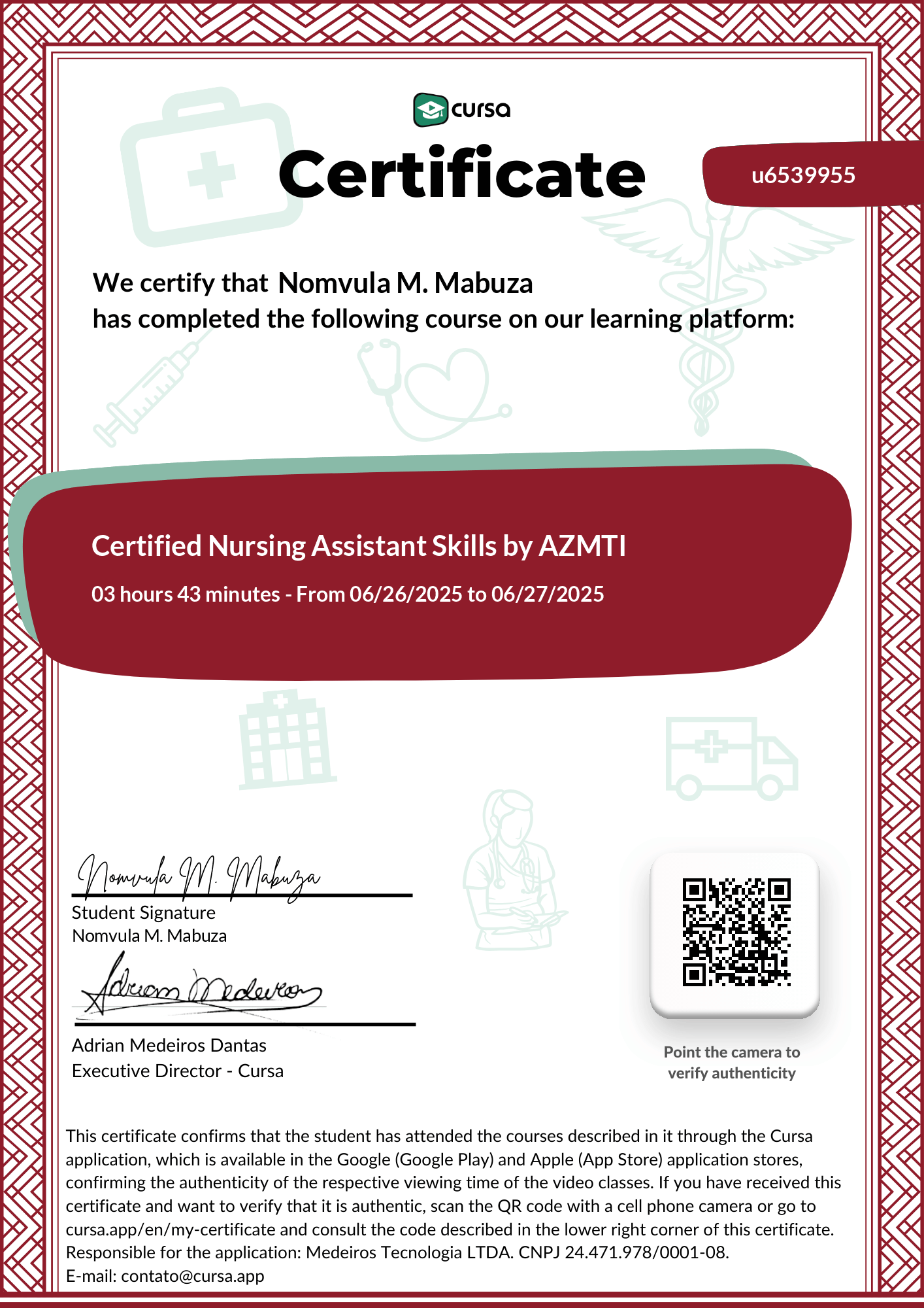 Image of my free Course Completion Certificate.