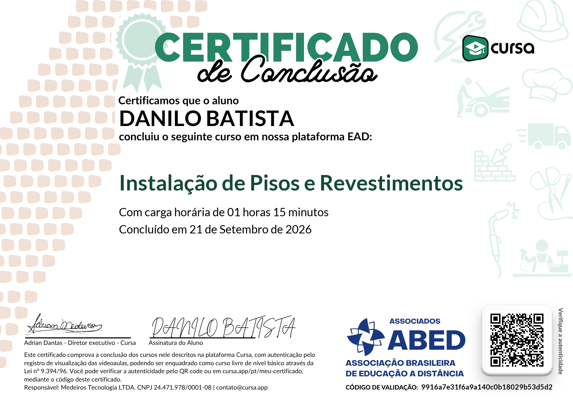Imagem do meu Certificado gratuito de conclusão de curso.